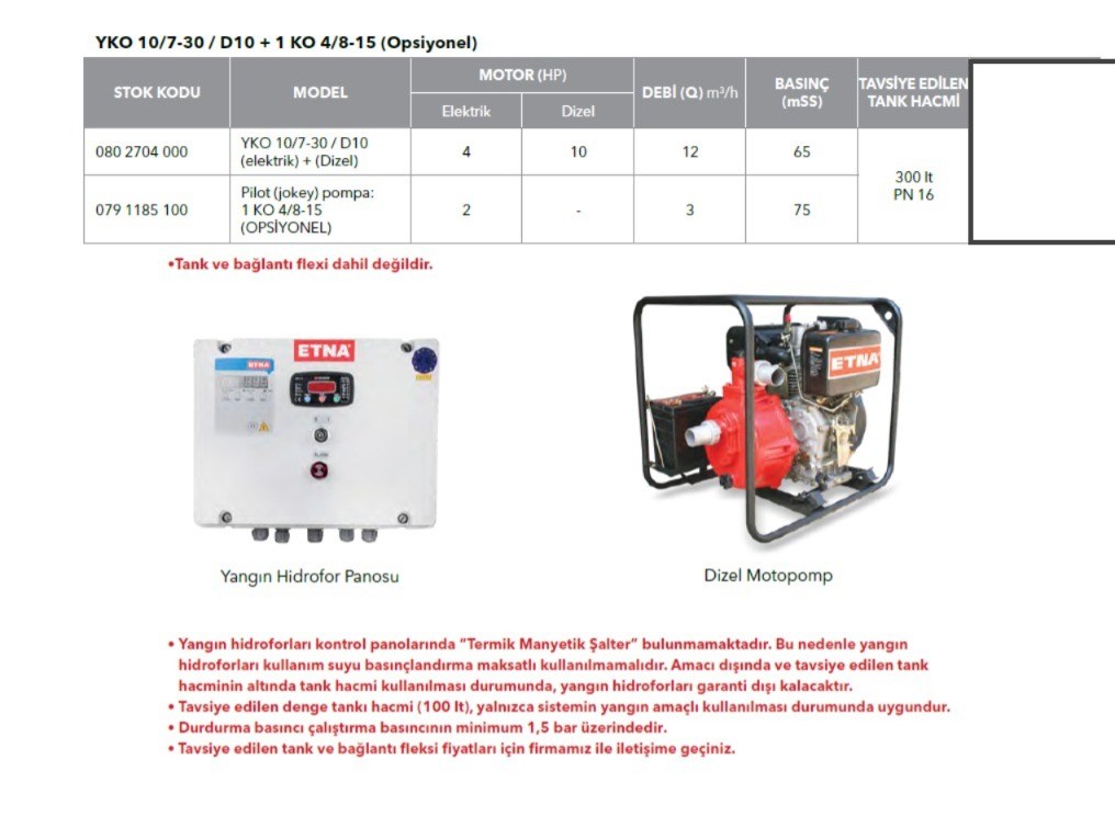 YKO 10/7-30 / D10 - (2x12m³/h - 65mSS) - 1 Elektrik + 1 Dizel Yangın Hidroforu