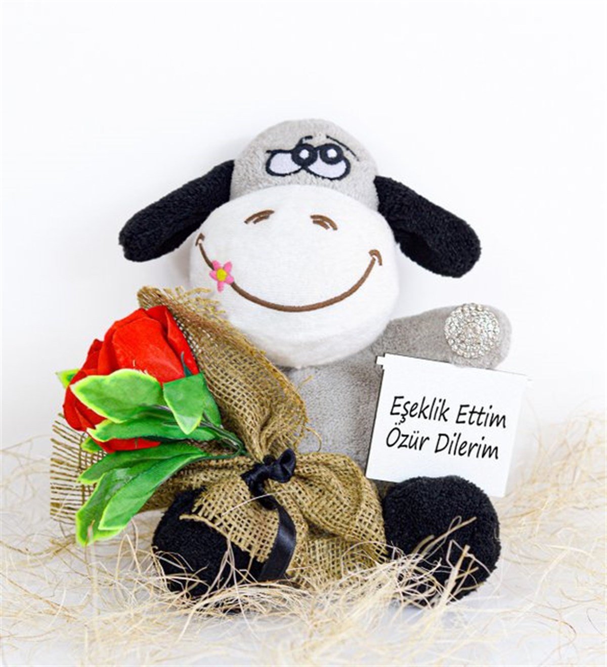 Sevimli Eşek Özür Dilerim Seti 25 Cm Broş Çiçek 