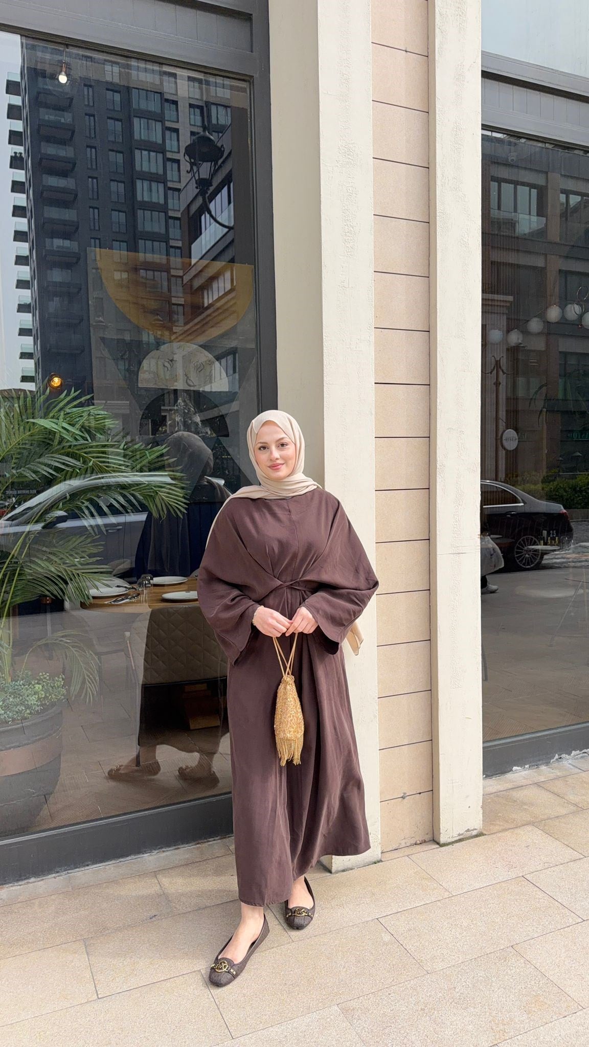 MEYSA ELBİSELER Beli Bağlamalı Tensel Elbise Acı Kahve
