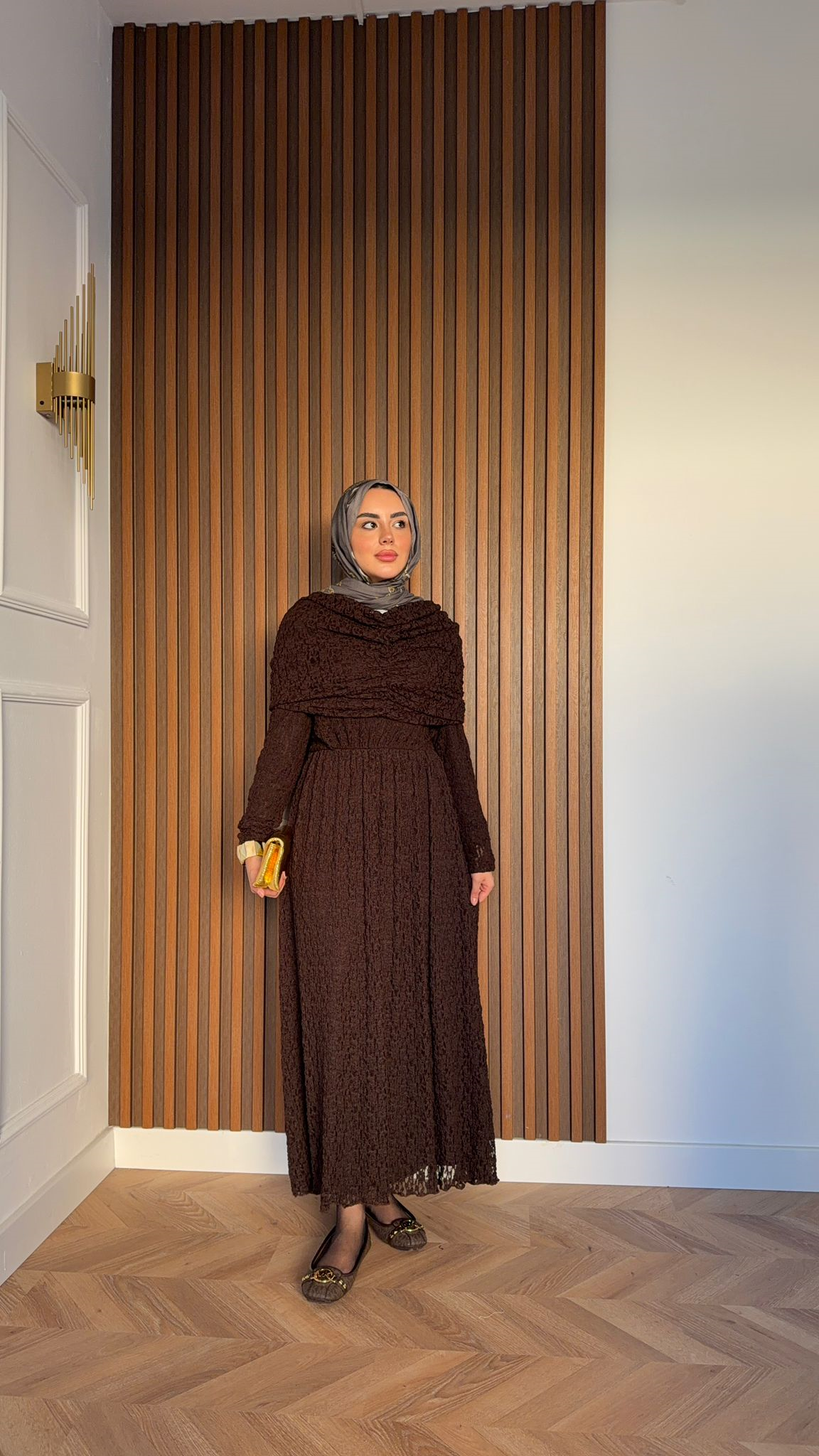 MEYSA DRESSES Belisma Güpürlü Drapeli Elbise Acı Kahve