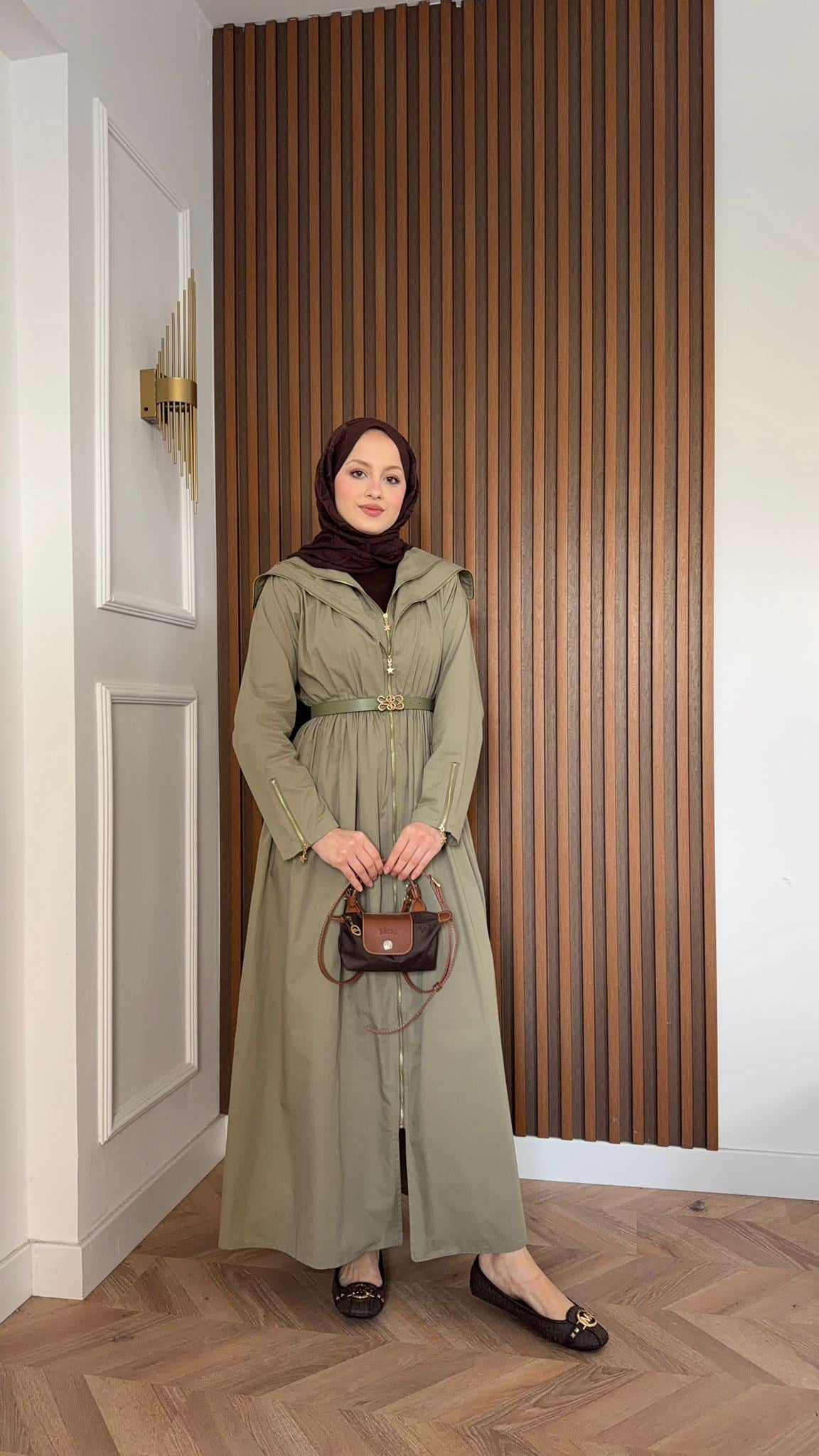 MEYSA ELBİSELER Çift Fermuarlı Kemerli Tasarım Elbise Haki
