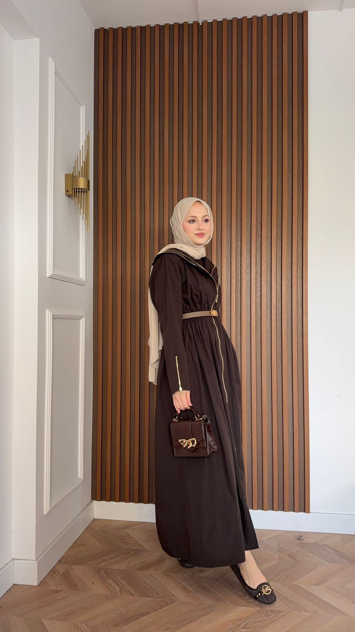 MEYSA ELBİSELER Çift Fermuarlı Kemerli Tasarım Elbise Kahve