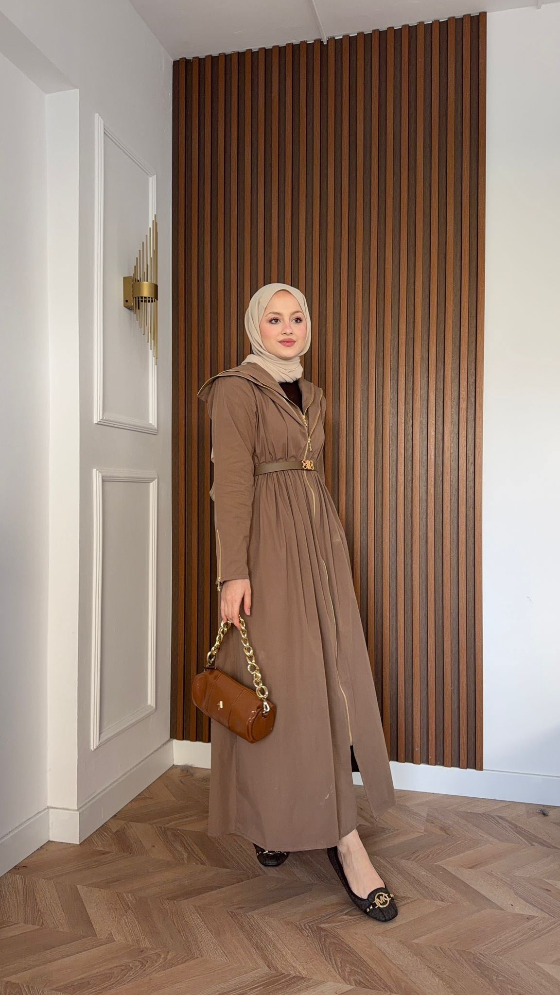 MEYSA ELBİSELER Çift Fermuarlı Kemerli Tasarım Elbise Açık Kahve