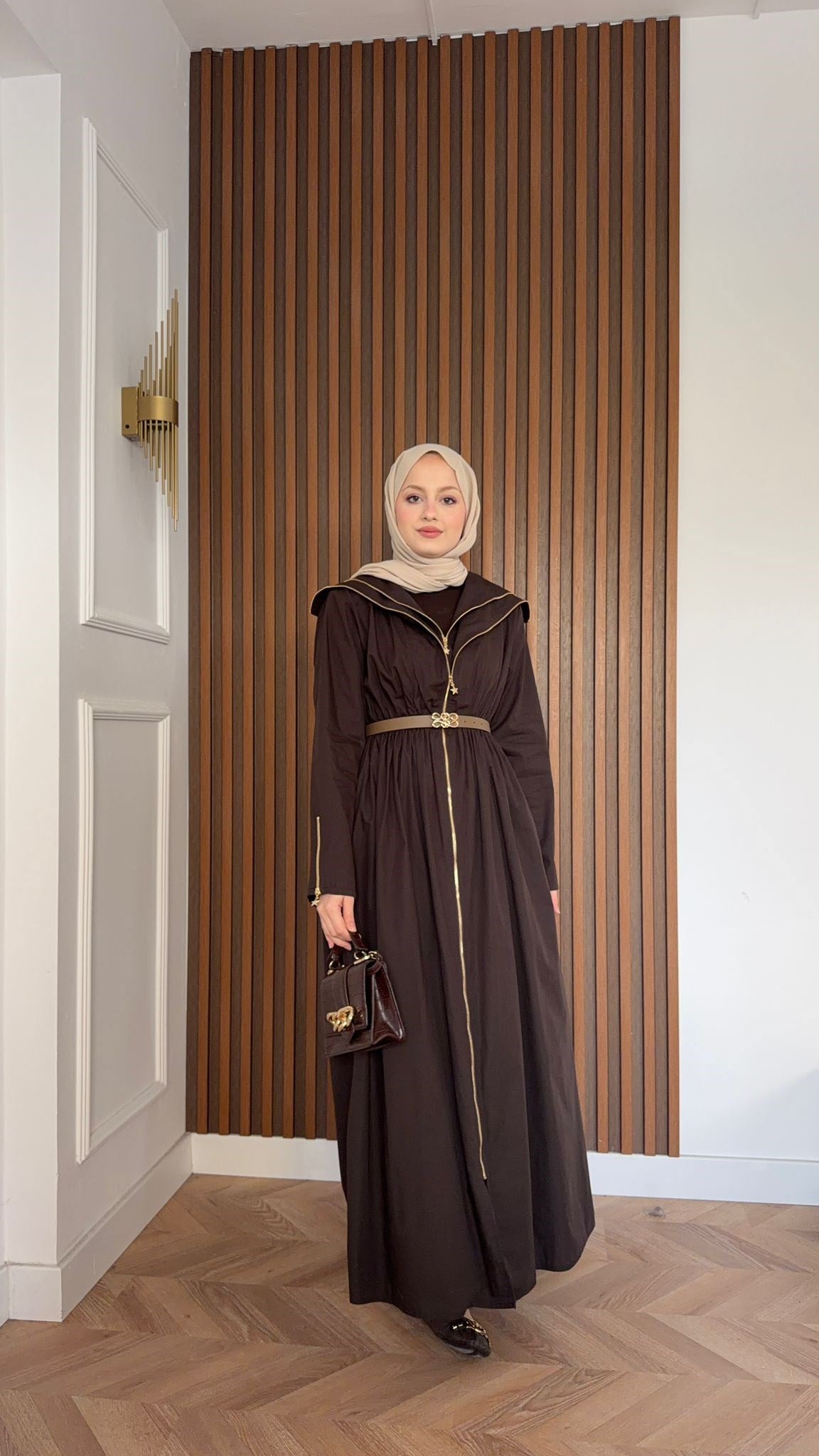 MEYSA ELBİSELER Çift Fermuarlı Kemerli Tasarım Elbise Kahve