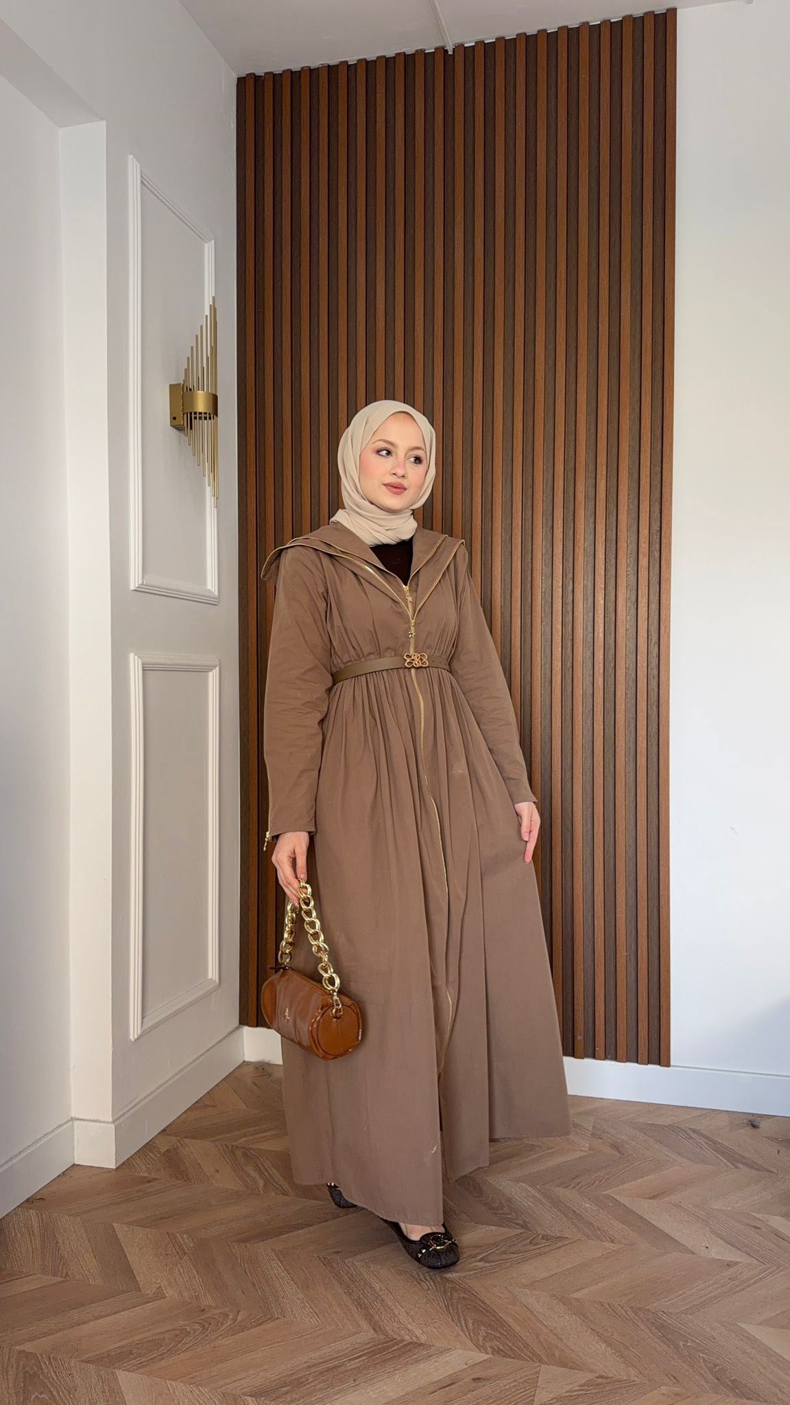 MEYSA ELBİSELER Çift Fermuarlı Kemerli Tasarım Elbise Açık Kahve