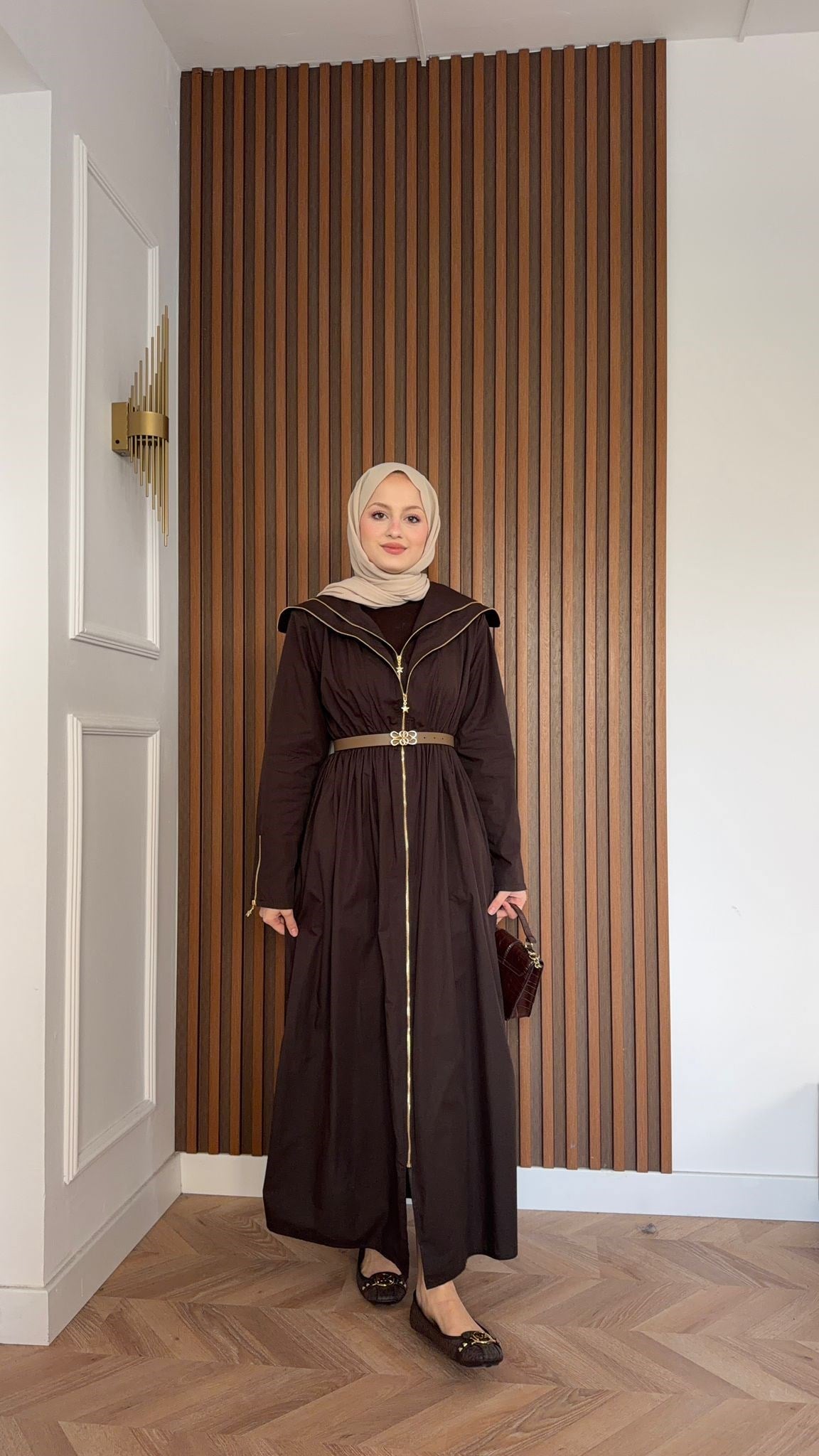 MEYSA ELBİSELER Çift Fermuarlı Kemerli Tasarım Elbise Kahve