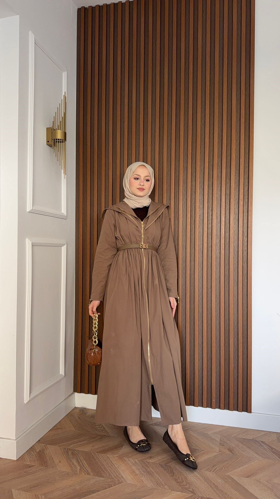 MEYSA ELBİSELER Çift Fermuarlı Kemerli Tasarım Elbise Açık Kahve