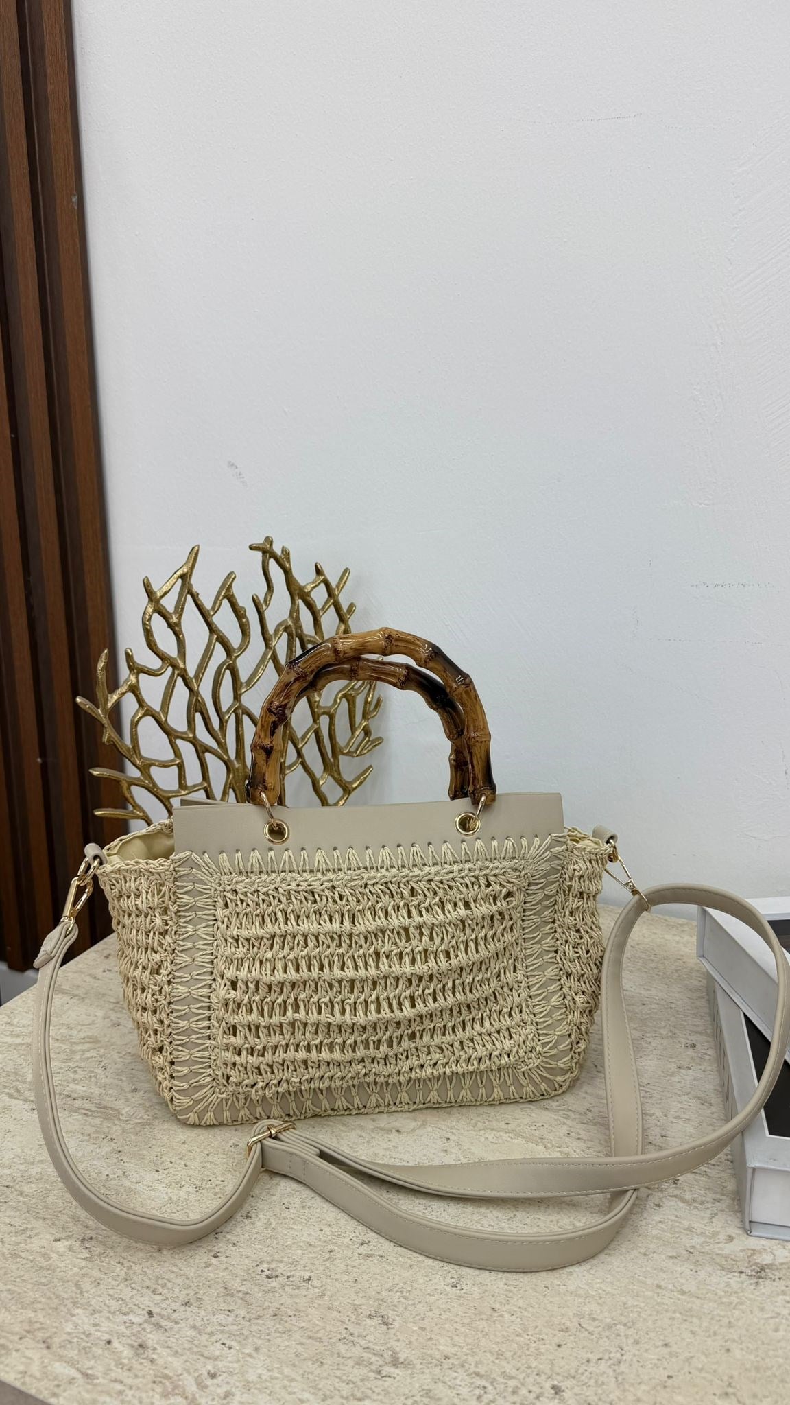 MEYSA HASIR ÇANTA Bambu Saplı Hasır Çanta Bej - CNT1115