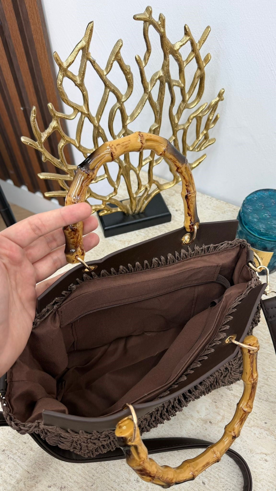 MEYSA HASIR ÇANTA Bambu Saplı Hasır Çanta Acı Kahve - CNT1115