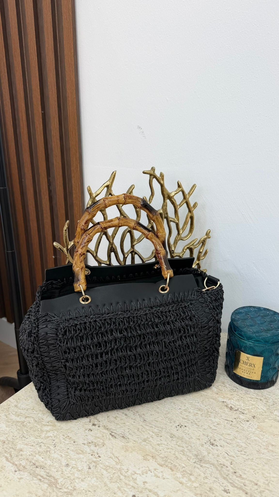 MEYSA HASIR ÇANTA Bambu Saplı Hasır Çanta Siyah - CNT1115