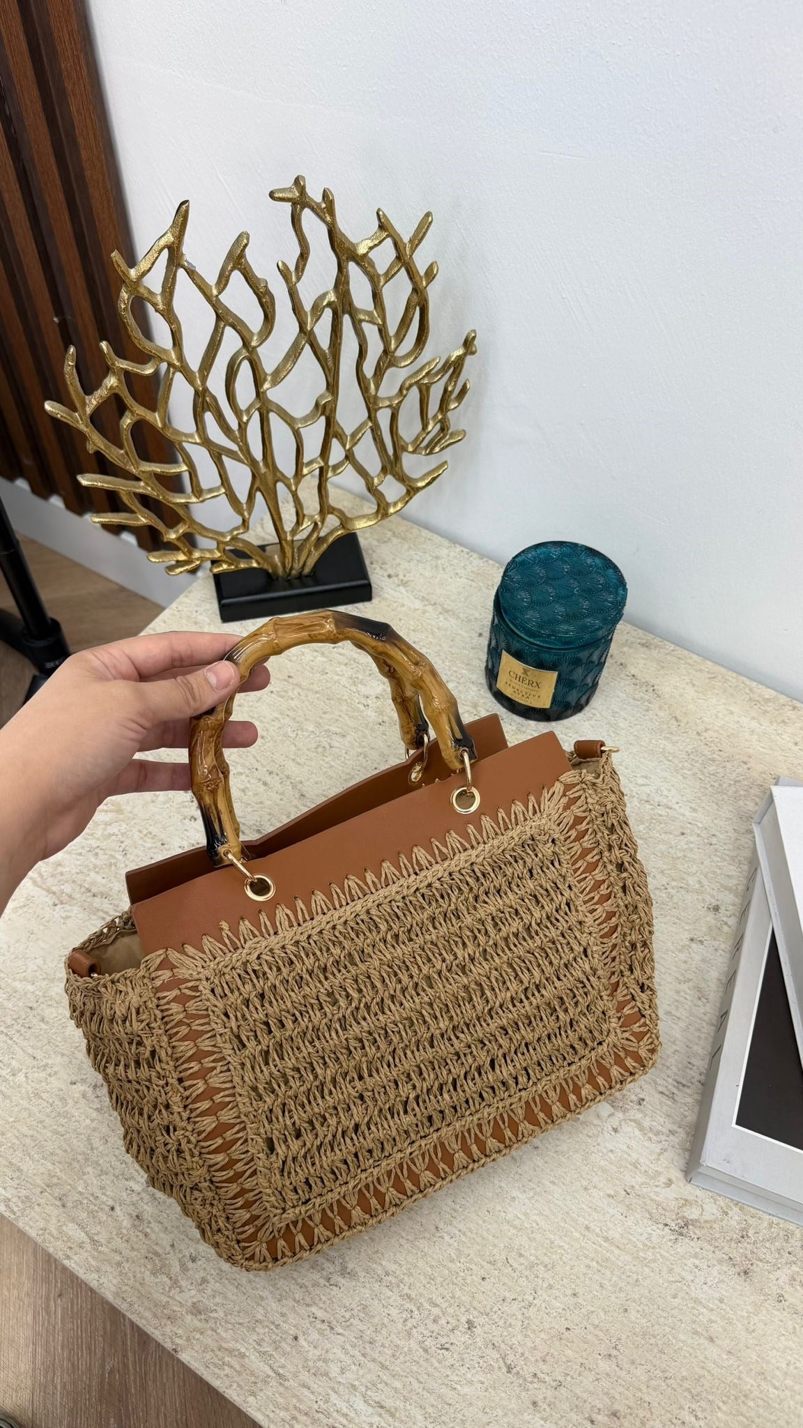 MEYSA HASIR ÇANTA Bambu Saplı Hasır Çanta Camel - CNT1115