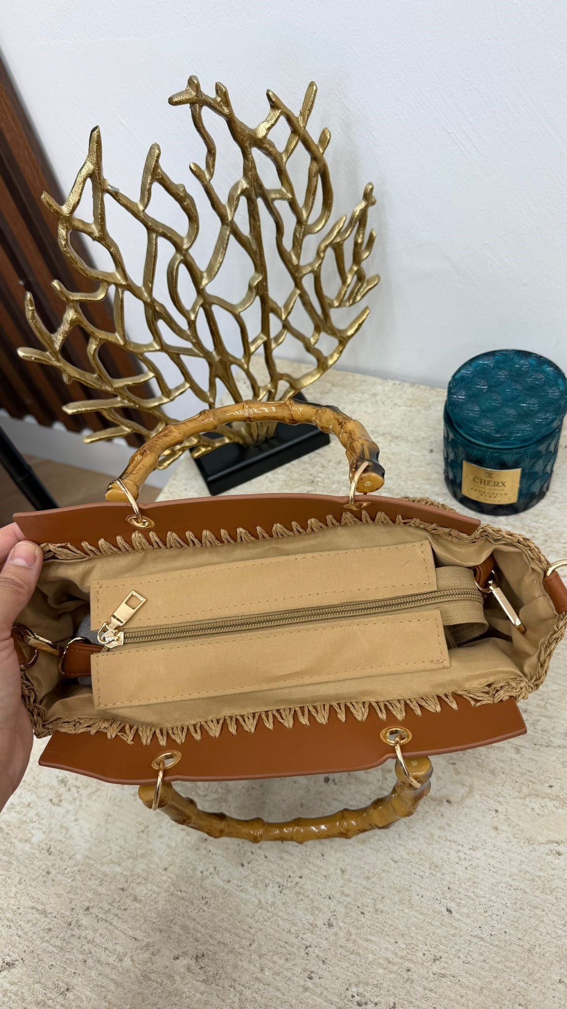 MEYSA HASIR ÇANTA Bambu Saplı Hasır Çanta Camel - CNT1115