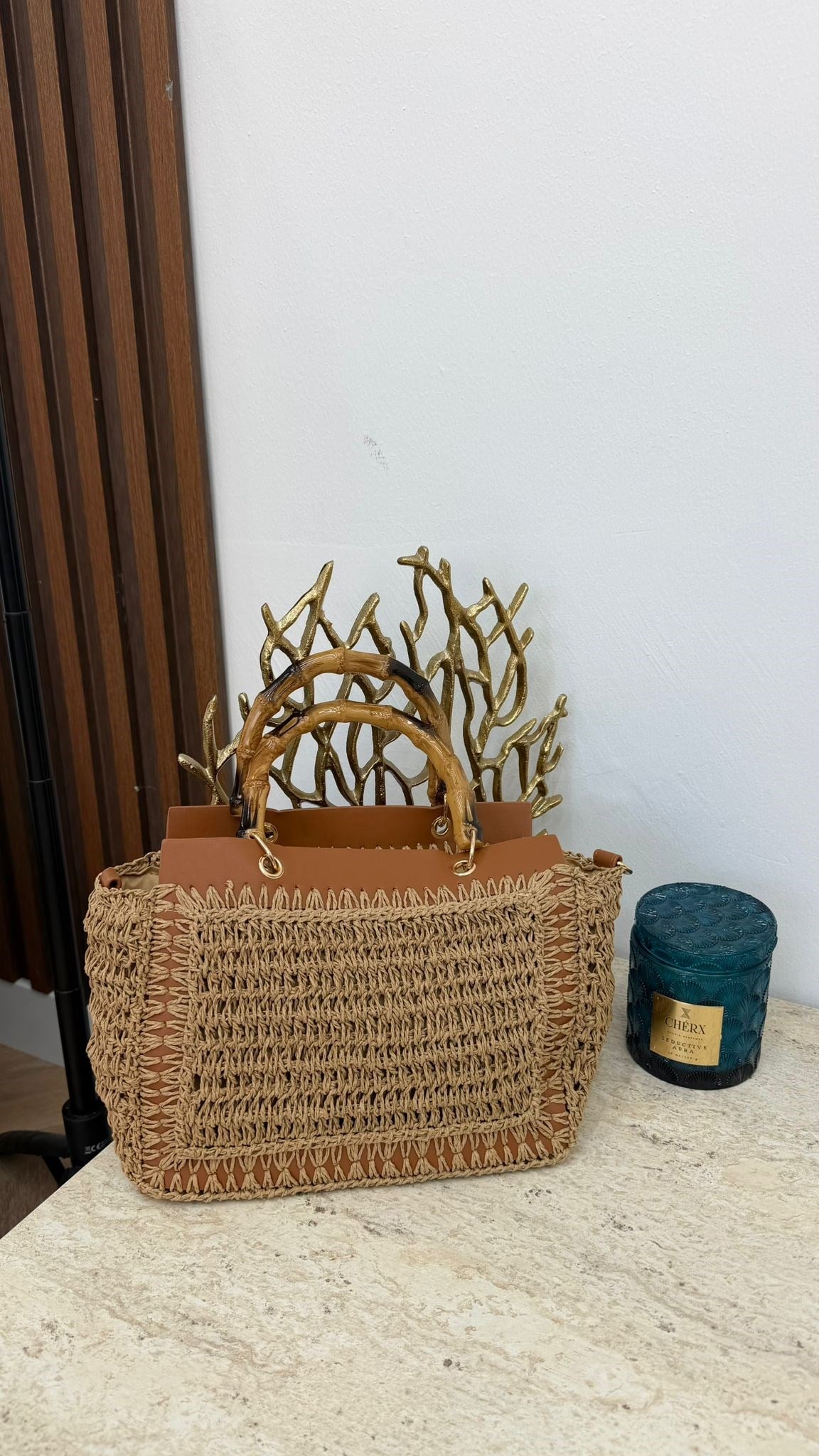 MEYSA HASIR ÇANTA Bambu Saplı Hasır Çanta Camel - CNT1115