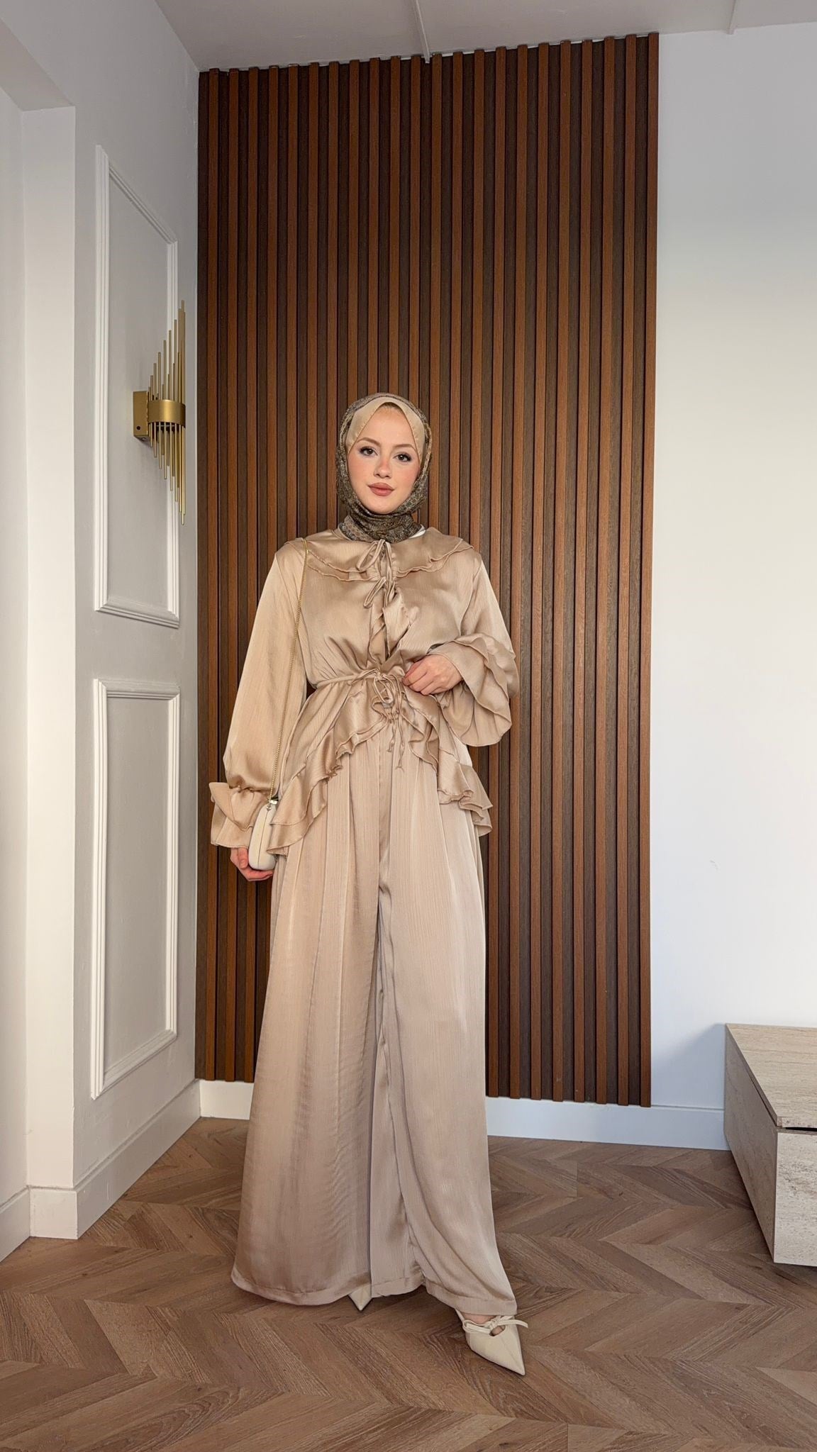 MEYSA PANTOLON TAKIM Aslı Şifon Fırfırlı İkili Takım Bej