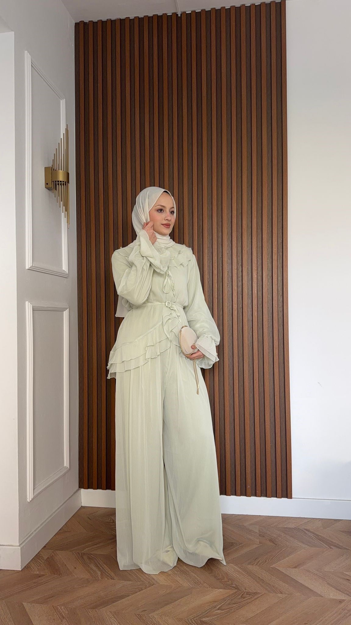 MEYSA PANTOLON TAKIM Aslı Şifon Fırfırlı İkili Takım Mint Yeşili