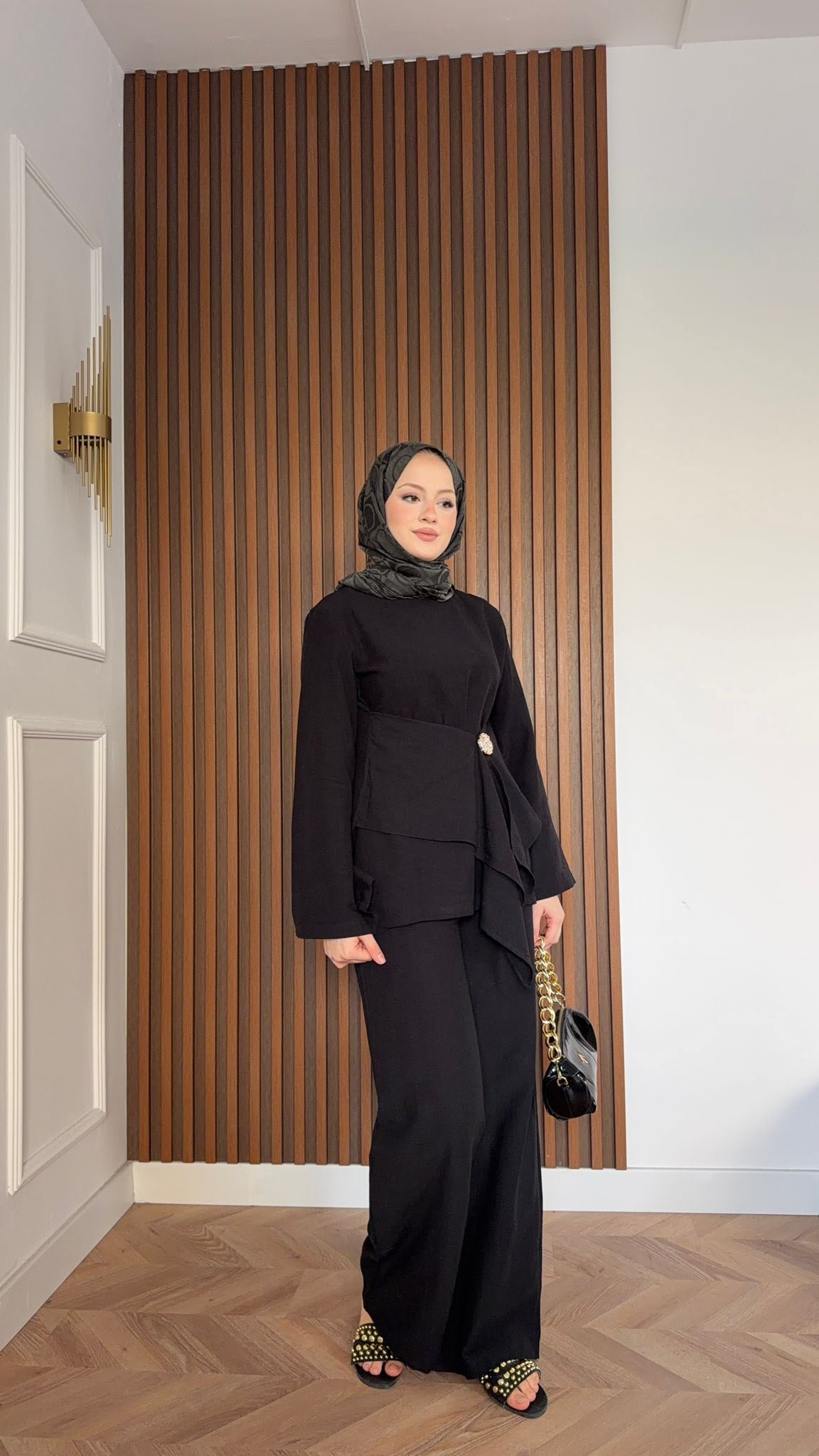 MEYSA PANTOLON TAKIM Broşlu Keten Pantolonlu Takım Siyah