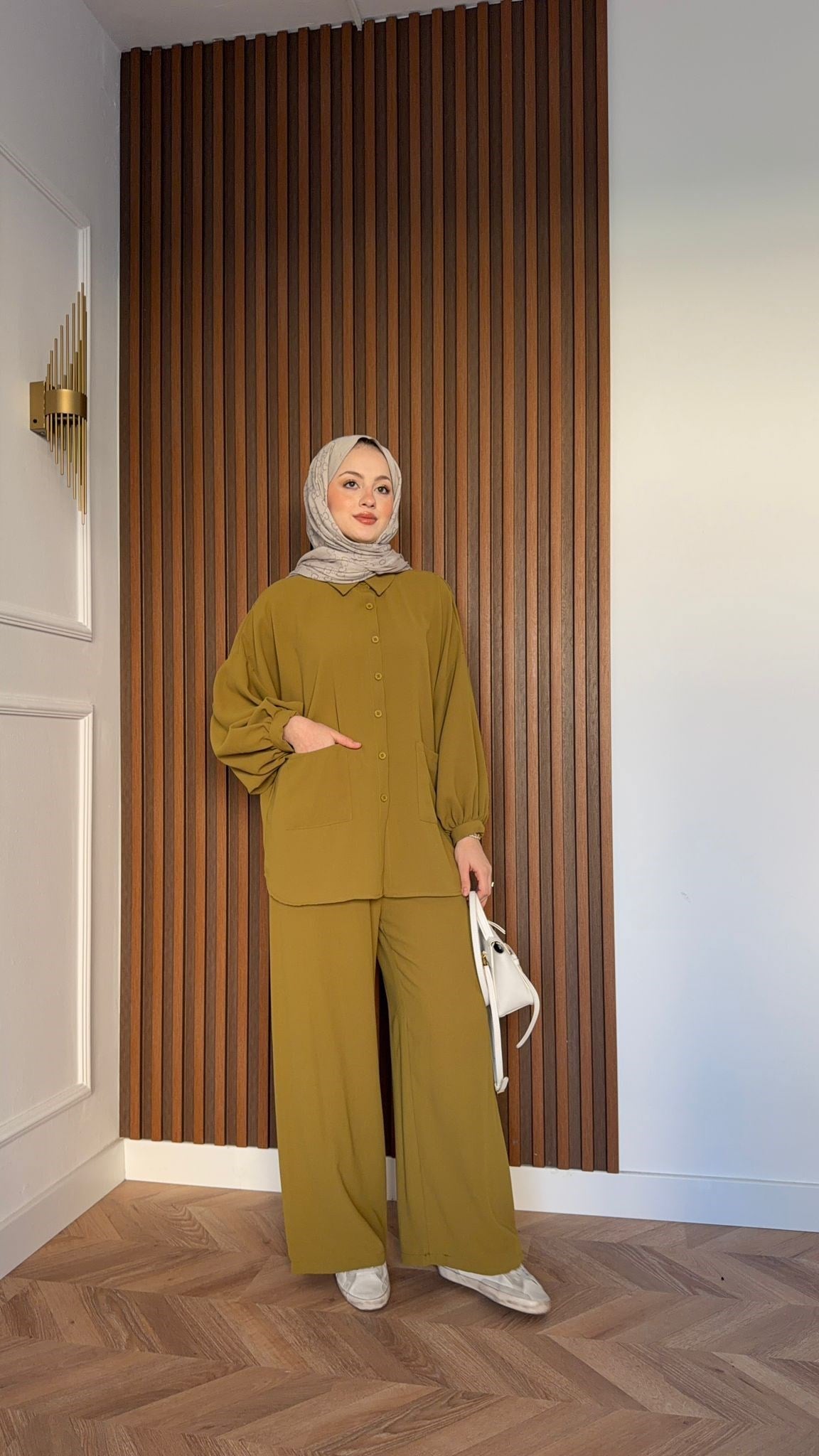 MEYSA PANTOLON TAKIM Çift Cepli Krep İkili Takım Yağ Yeşili