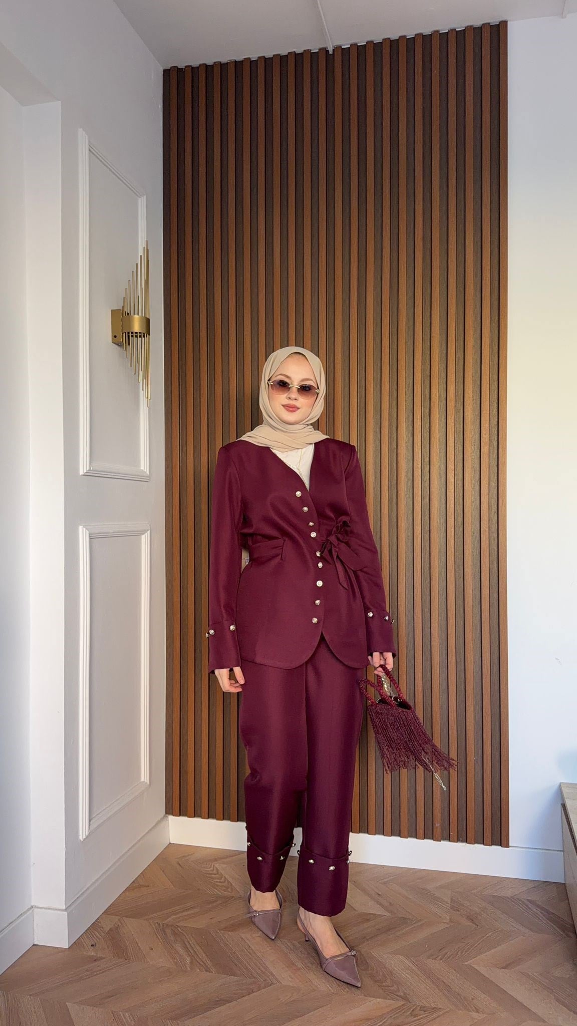 MEYSA PANTOLON TAKIM Diva Gümüş Aksesuarlı Ceket Takım Bordo