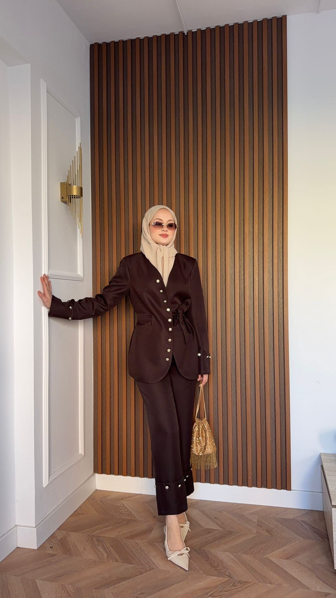 MEYSA PANTOLON TAKIM Diva Gümüş Aksesuarlı Ceket Takım Acı Kahve