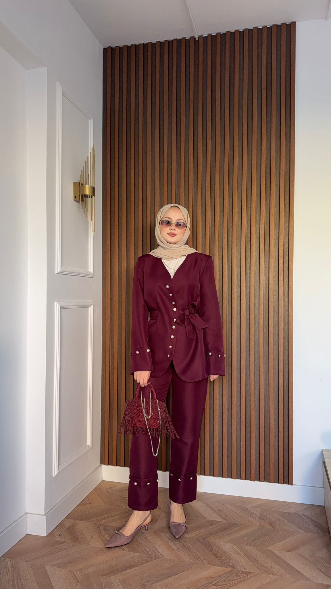 MEYSA PANTOLON TAKIM Diva Gümüş Aksesuarlı Ceket Takım Bordo