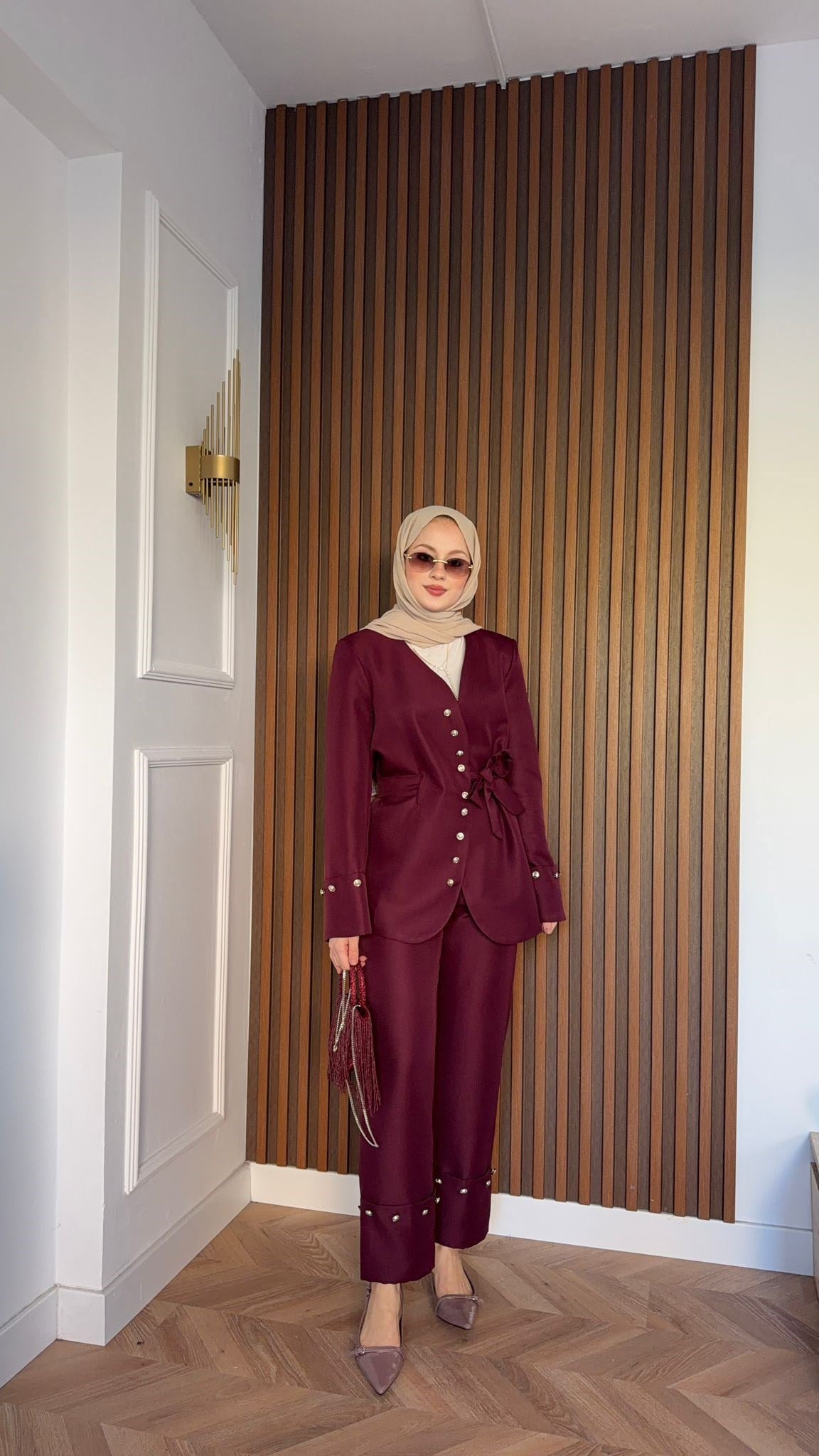 MEYSA PANTOLON TAKIM Diva Gümüş Aksesuarlı Ceket Takım Bordo