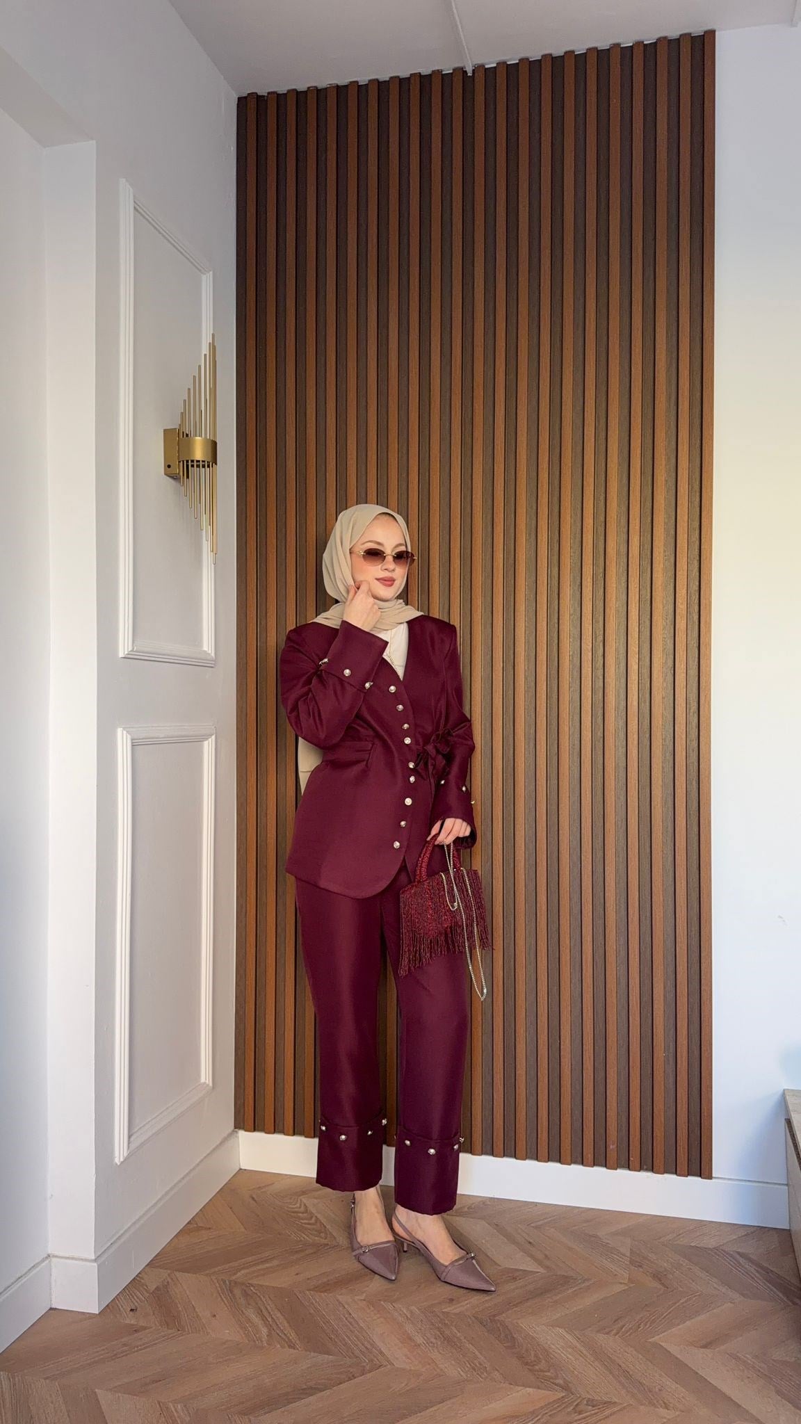 MEYSA PANTOLON TAKIM Diva Gümüş Aksesuarlı Ceket Takım Bordo
