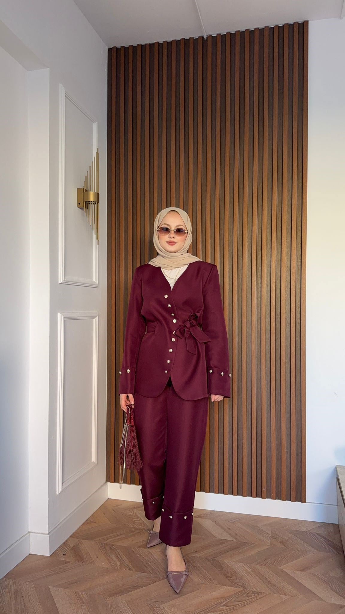 MEYSA PANTOLON TAKIM Diva Gümüş Aksesuarlı Ceket Takım Bordo