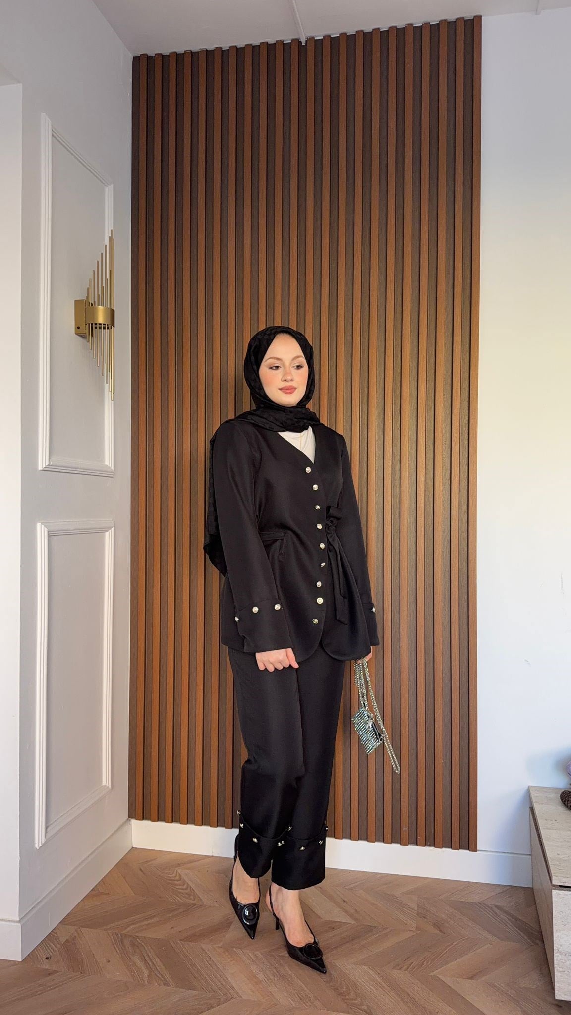 MEYSA PANTOLON TAKIM Diva Gümüş Aksesuarlı Ceket Takım Siyah