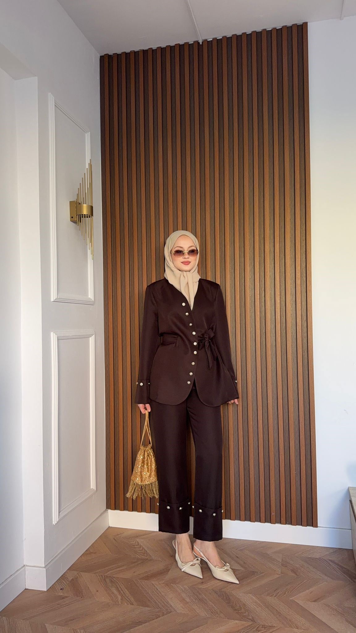 MEYSA PANTOLON TAKIM Diva Gümüş Aksesuarlı Ceket Takım Acı Kahve