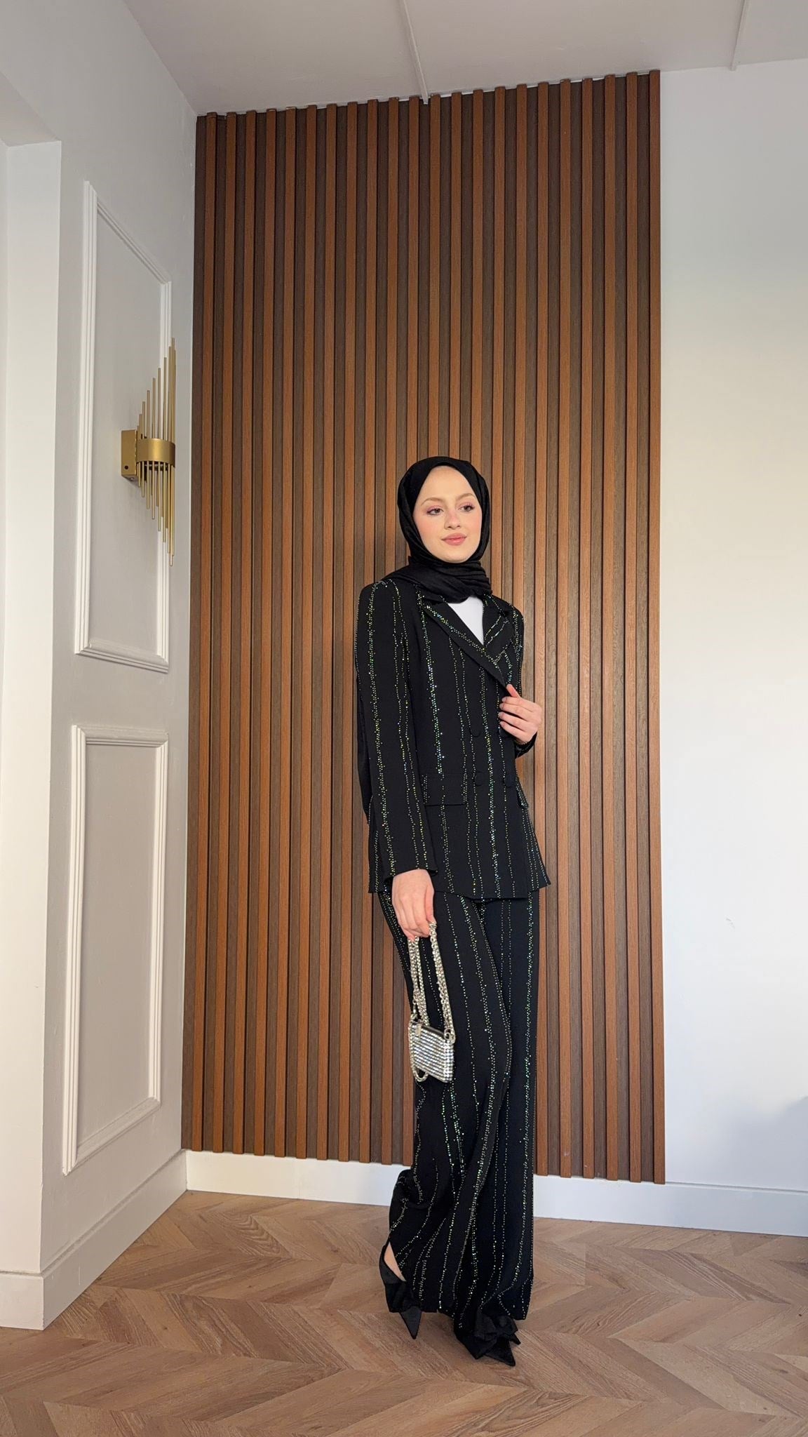 MEYSA PANTOLON TAKIM Efsun Taşlı Blazer Ceket Takım Siyah