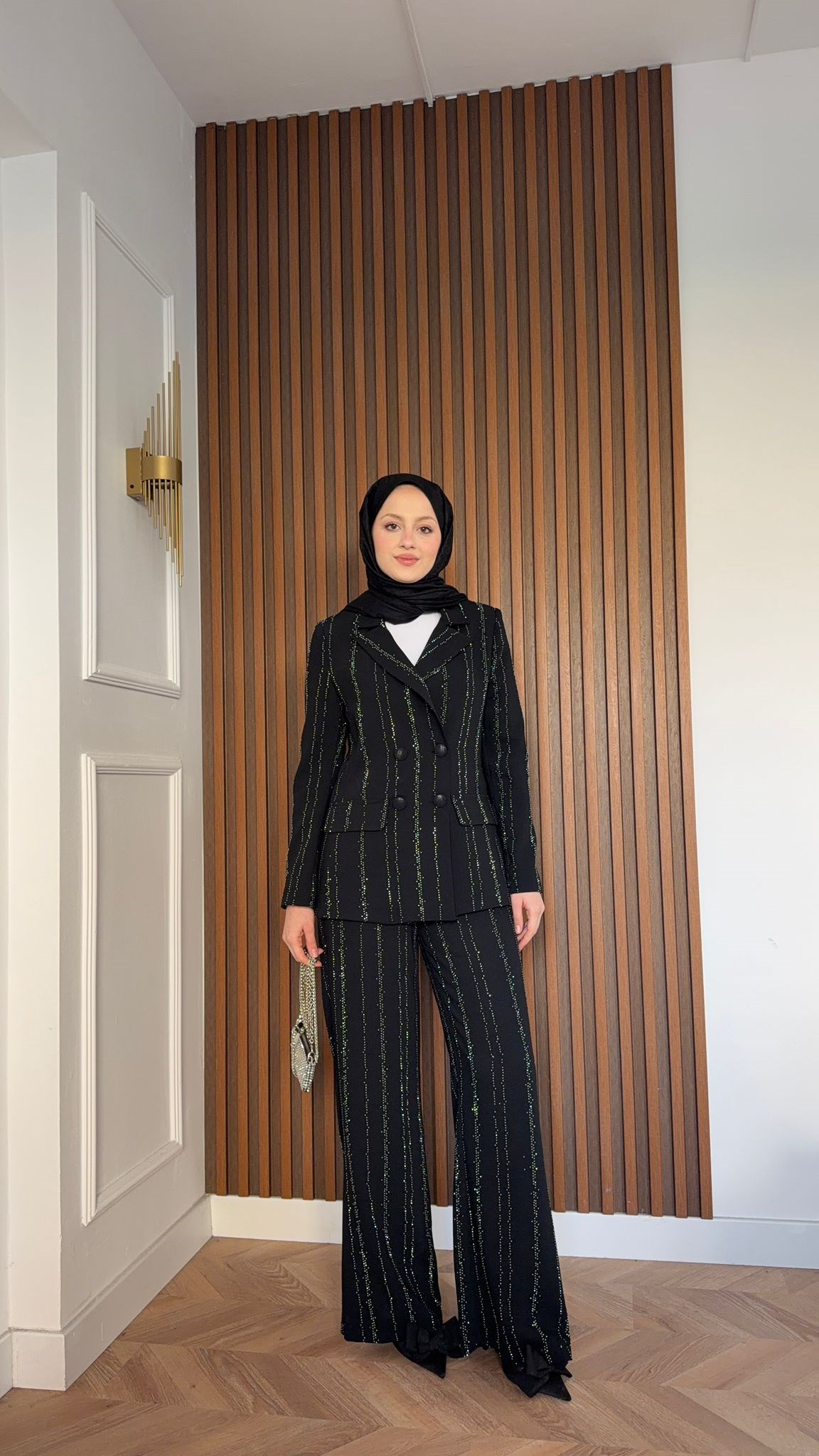 MEYSA PANTOLON TAKIM Efsun Taşlı Blazer Ceket Takım Siyah