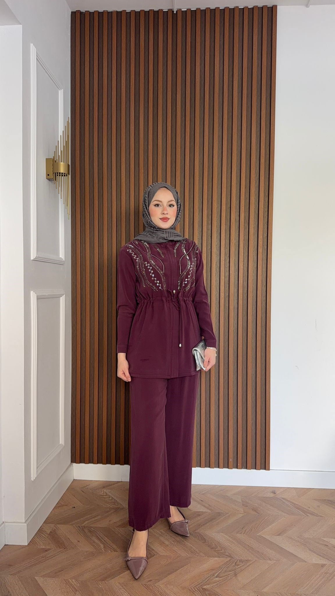 MEYSA PANTOLON TAKIM Özel Taş İşlemeli Tensel Pantolonlu Takım Bordo