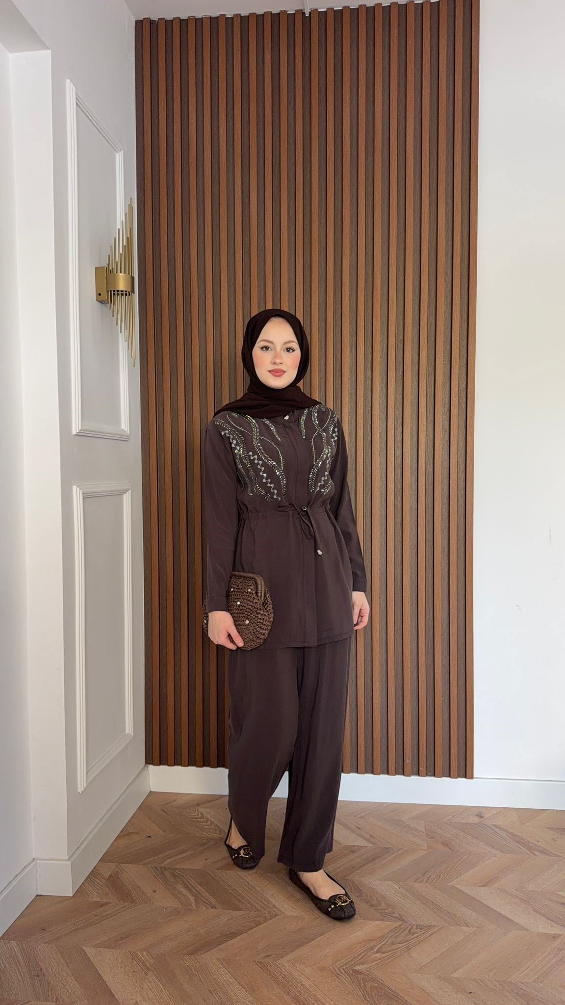 MEYSA PANTOLON TAKIM Özel Taş İşlemeli Tensel Pantolonlu Takım Acı Kahve