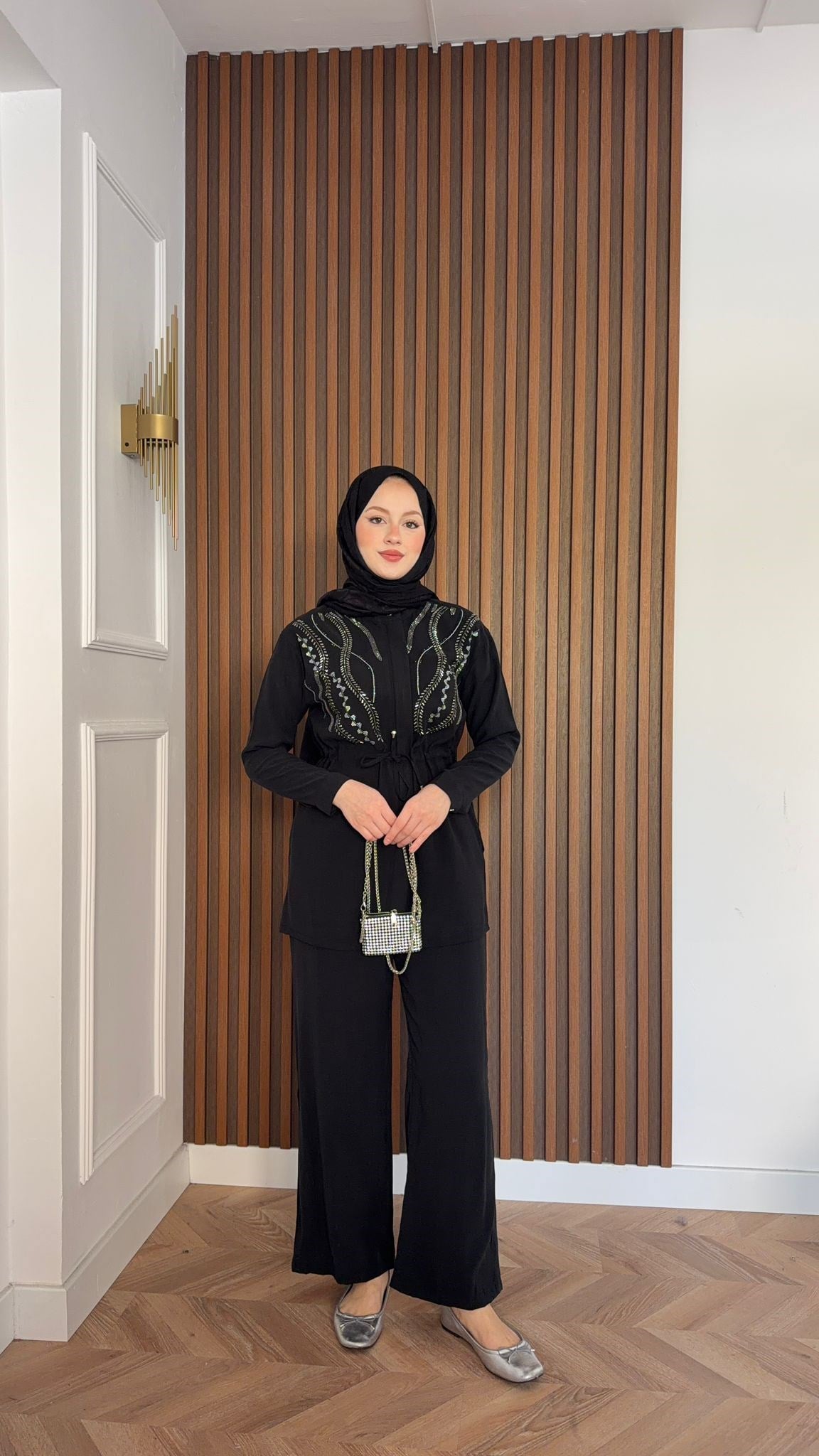 MEYSA PANTOLON TAKIM Özel Taş İşlemeli Tensel Pantolonlu Takım Siyah
