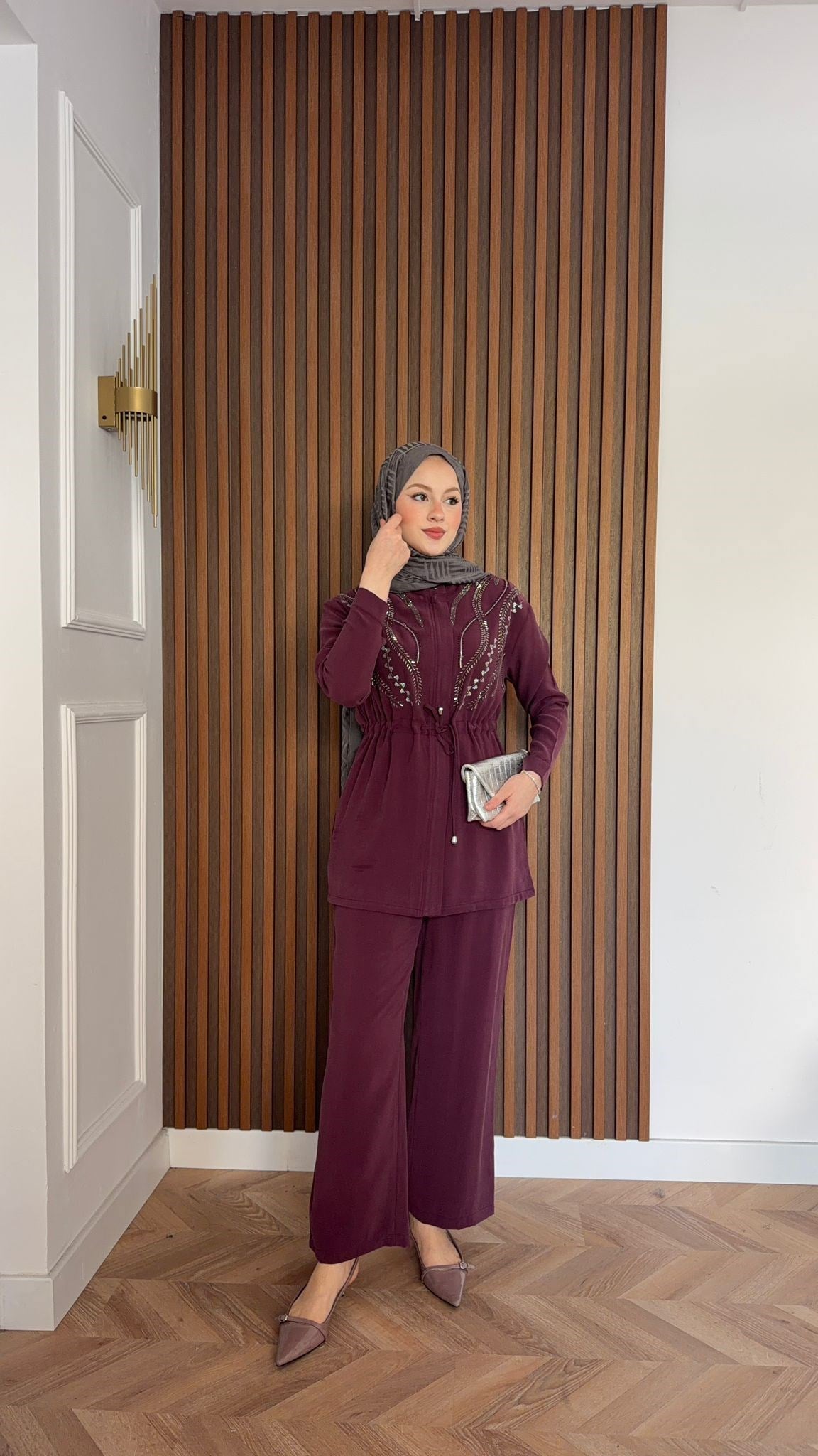 MEYSA PANTOLON TAKIM Özel Taş İşlemeli Tensel Pantolonlu Takım Bordo
