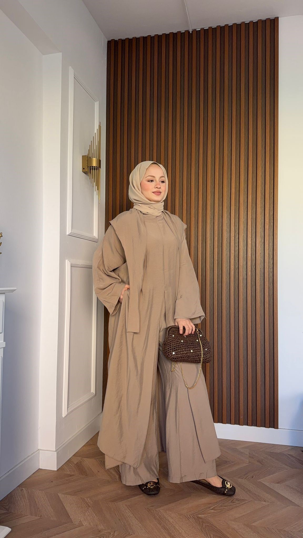 MEYSA PANTOLON TAKIM Suve Yakalı Üçlü Takım Vizon