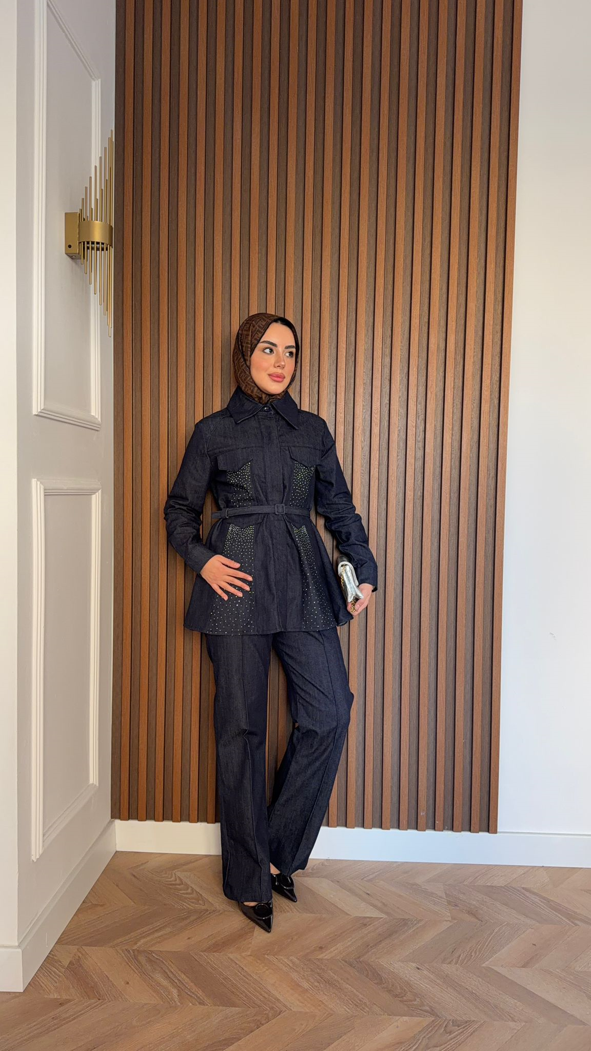 MEYSA TROUSER SETS Taş Baskılı Kemerli Denim İkili Takım Lacivert