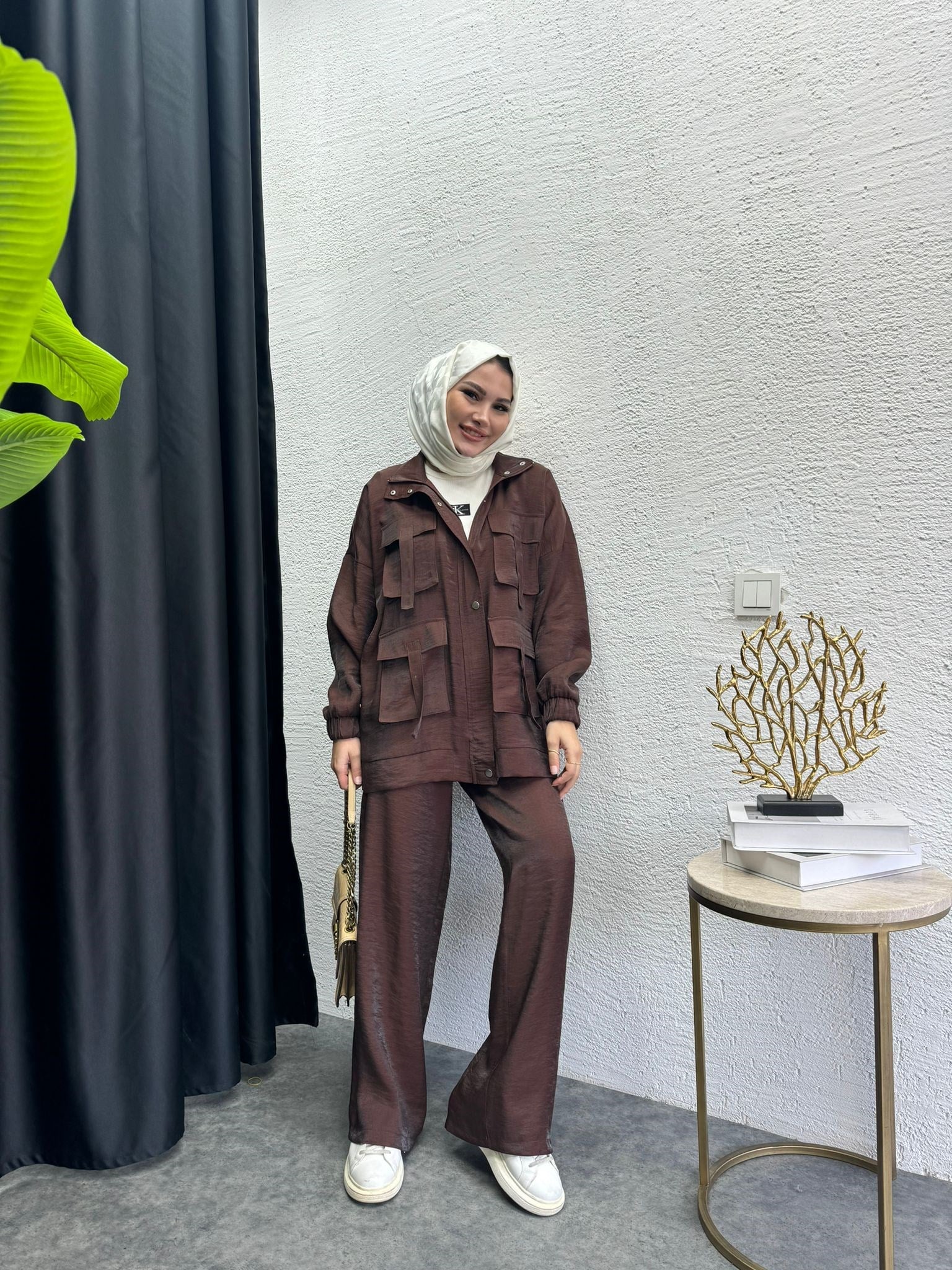 MEYSA PANTOLON TAKIM Tasarım Jakarlı İkili Takım Kahve