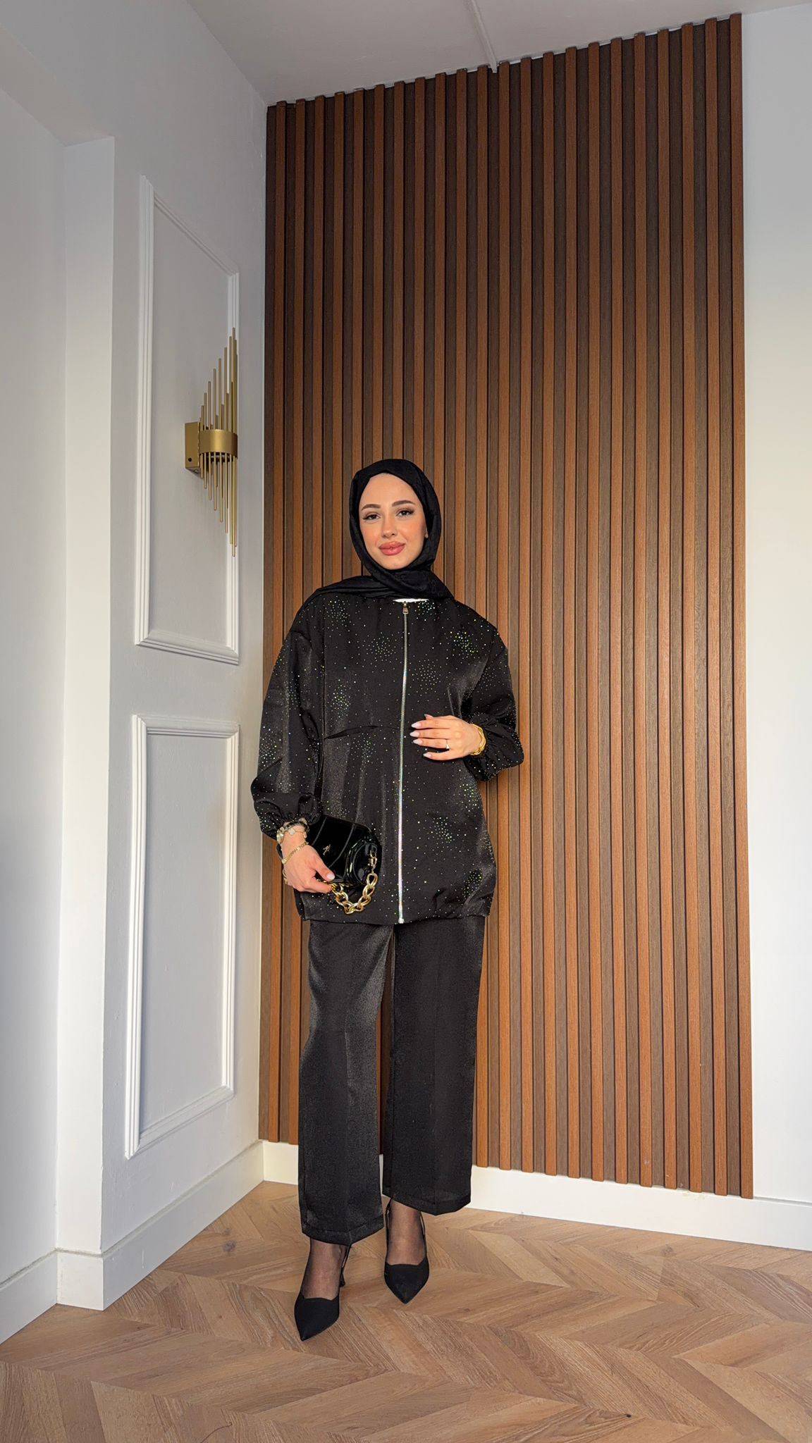 MEYSA PANTOLON TAKIM Taşlı Krep Ceket Pantolonlu Takım Siyah
