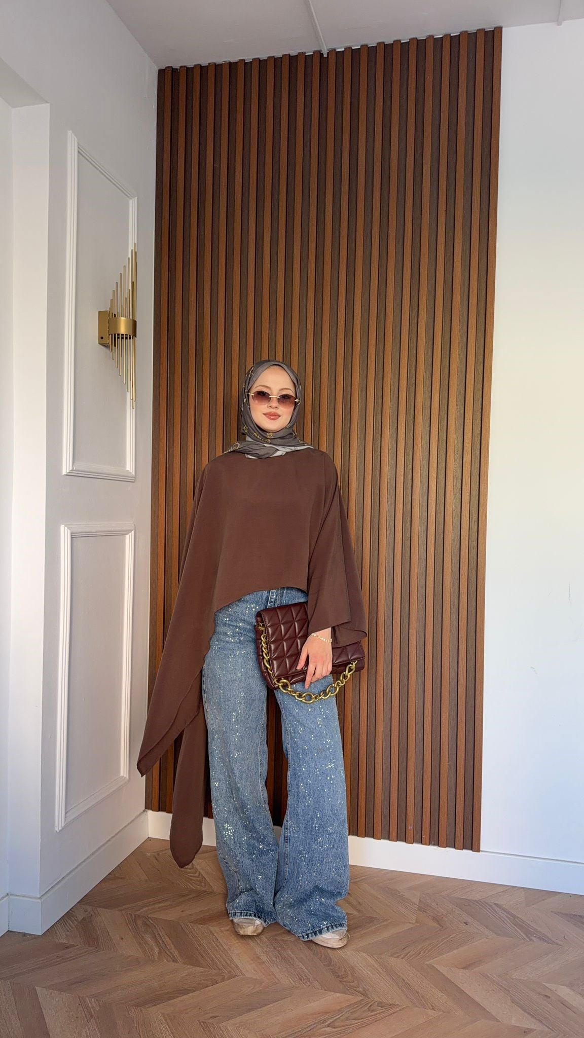 MEYSADESIGN BLUZ Asimetrik Yarasa Kol Bluz Acı Kahve