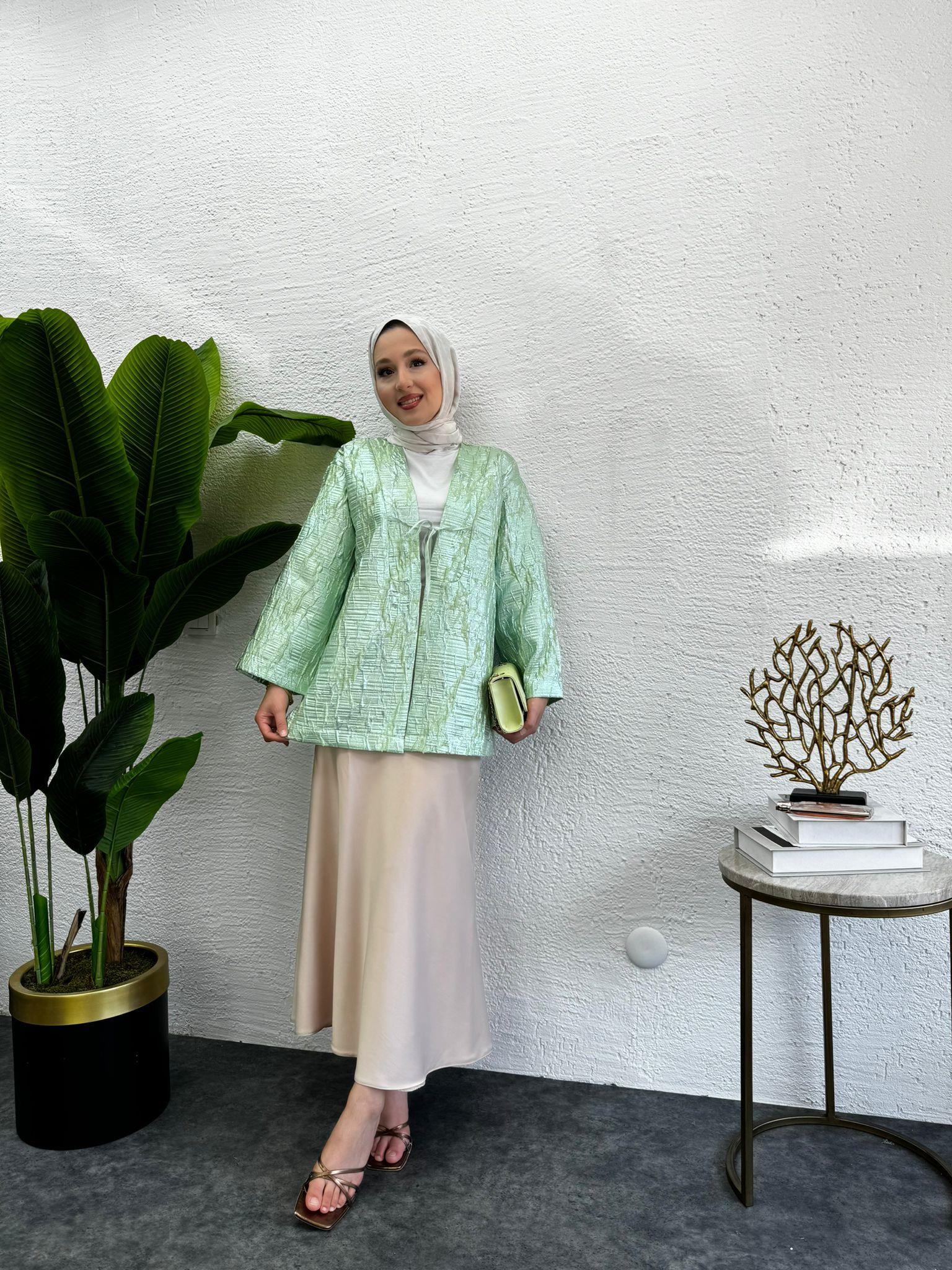 MEYSADESIGN CEKET Önü Fiyonklu Tafta Ceket Rose Su Yeşili