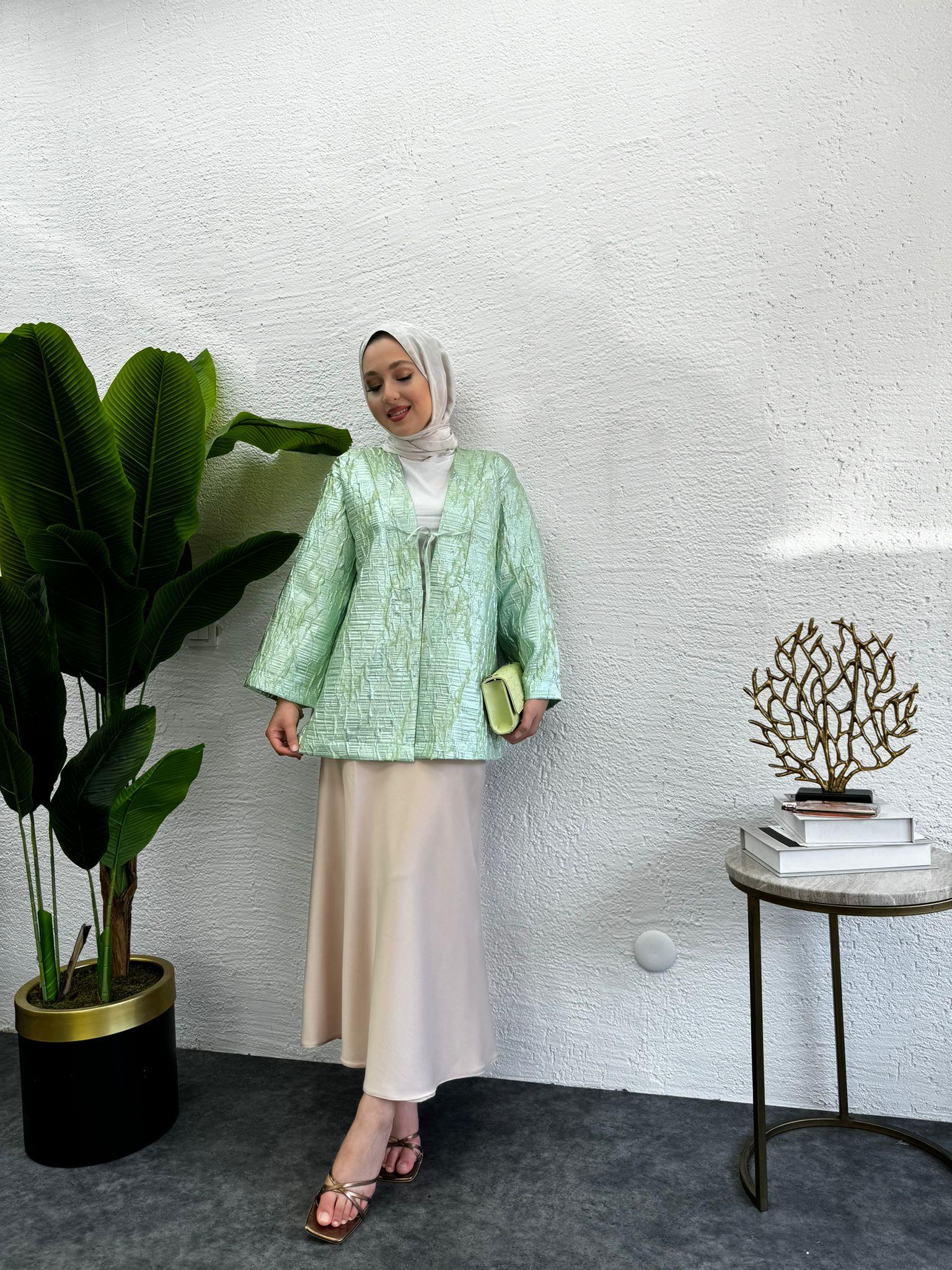 MEYSADESIGN CEKET Önü Fiyonklu Tafta Ceket Rose Su Yeşili