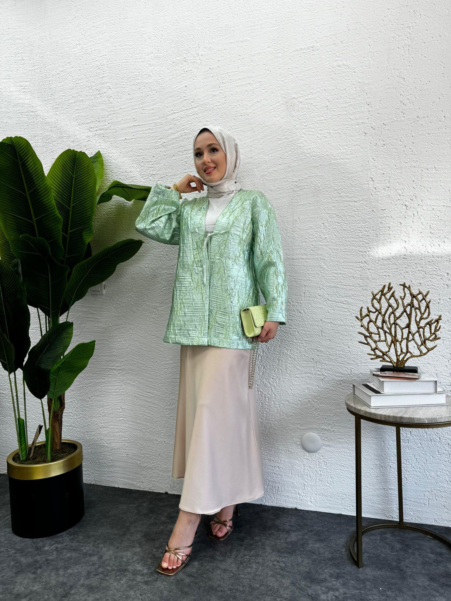 MEYSADESIGN CEKET Önü Fiyonklu Tafta Ceket Rose Su Yeşili