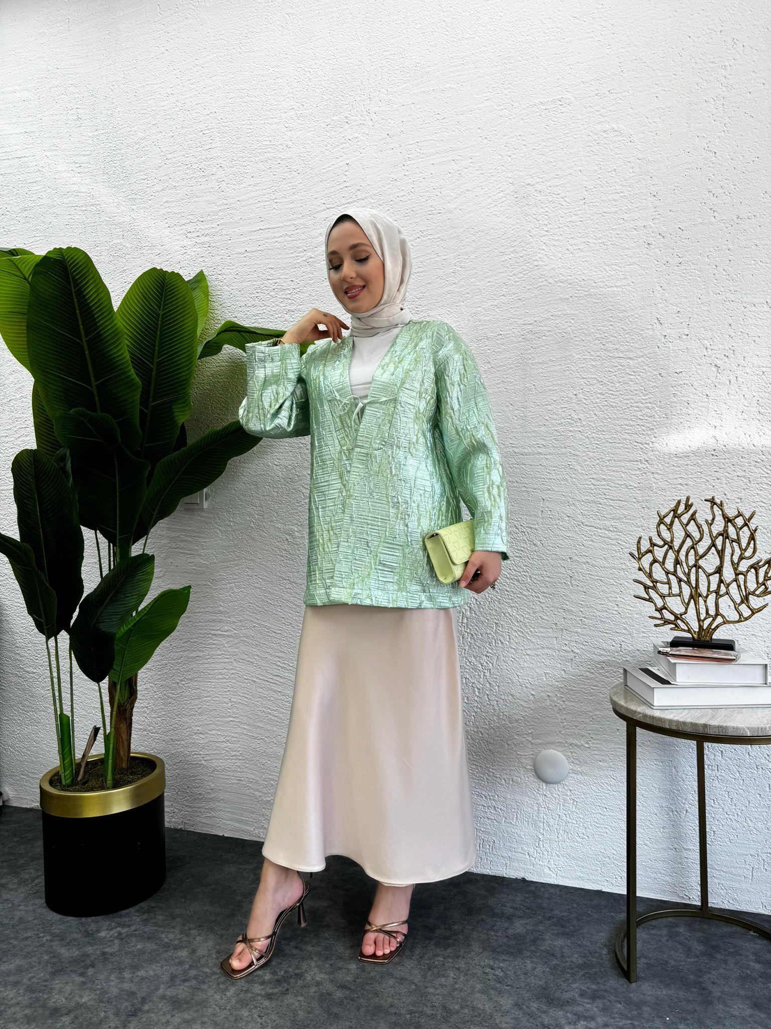 MEYSADESIGN CEKET Önü Fiyonklu Tafta Ceket Rose Su Yeşili