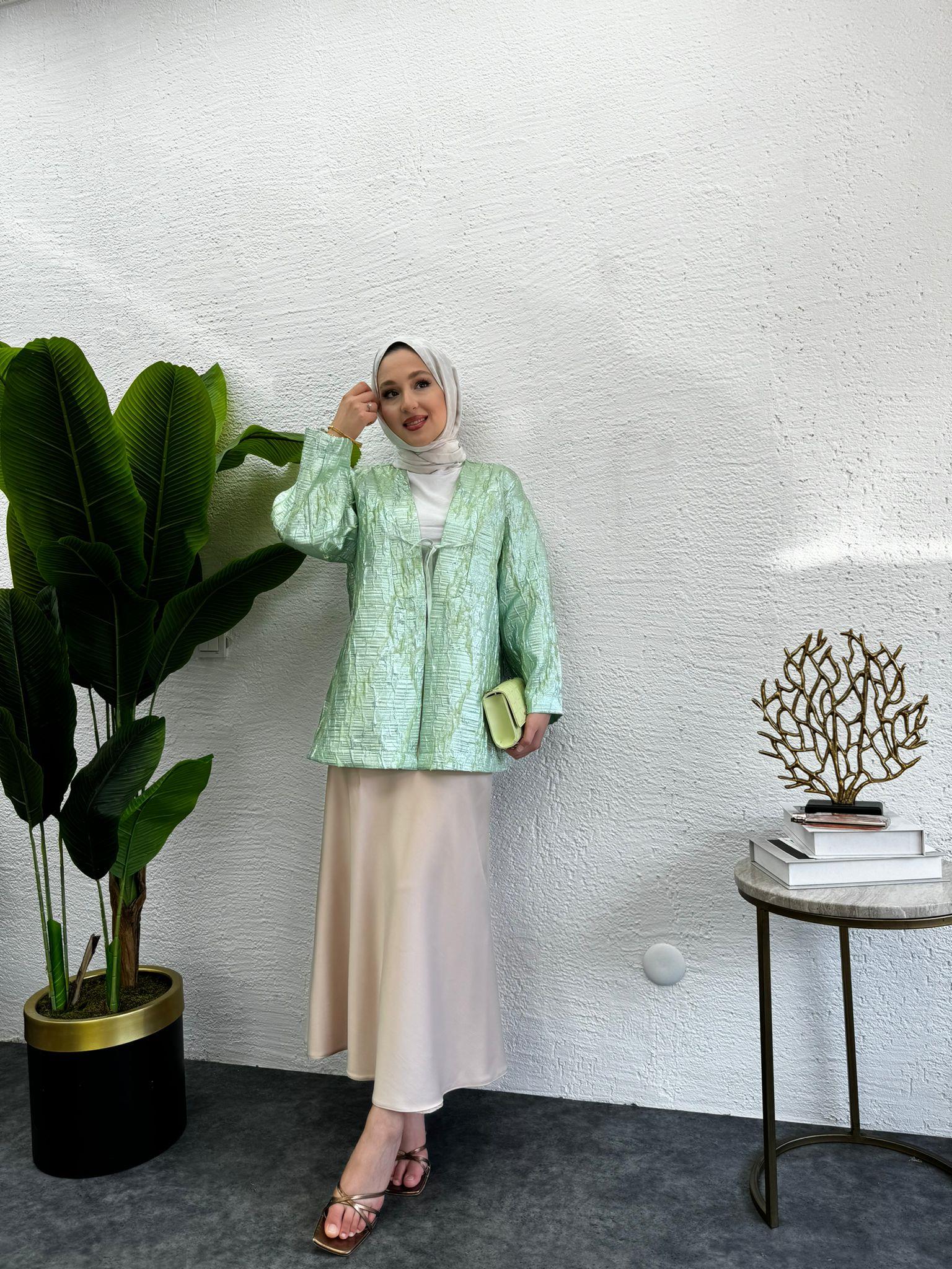 MEYSADESIGN CEKET Önü Fiyonklu Tafta Ceket Rose Su Yeşili