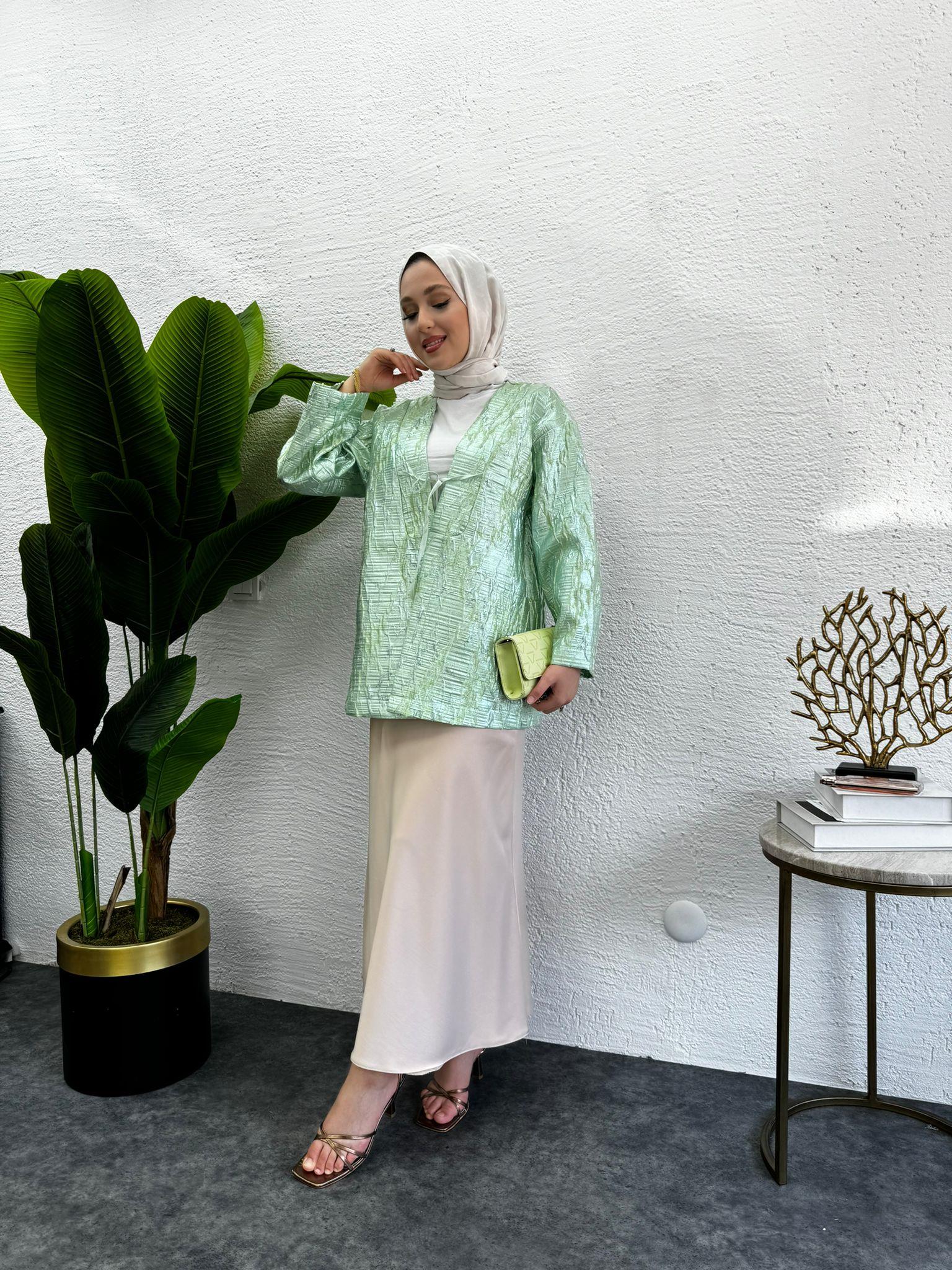 MEYSADESIGN CEKET Önü Fiyonklu Tafta Ceket Rose Su Yeşili
