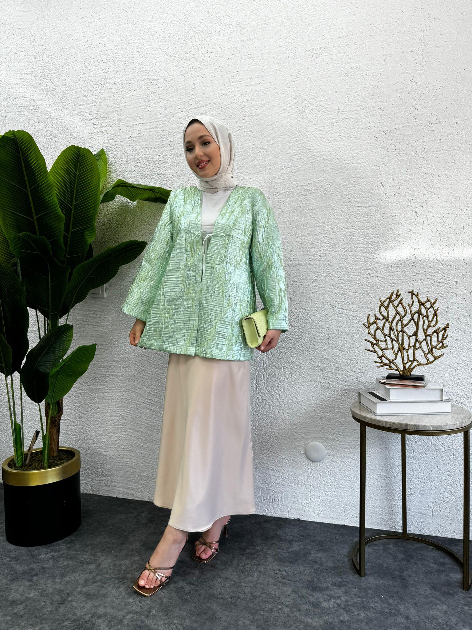 MEYSADESIGN CEKET Önü Fiyonklu Tafta Ceket Rose Su Yeşili