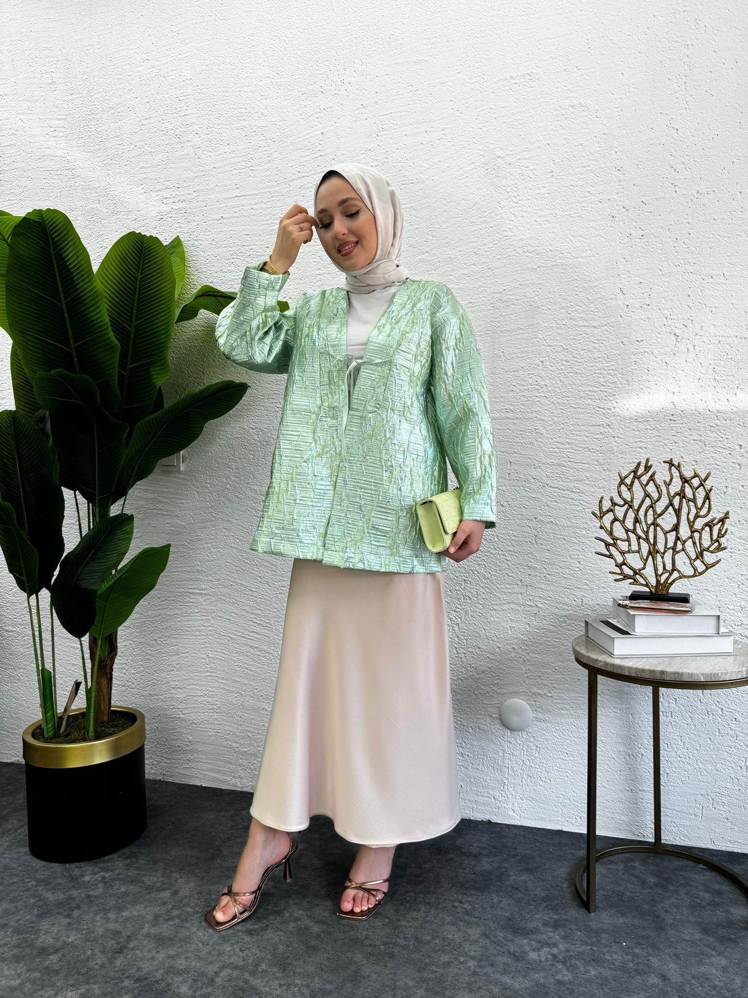 MEYSADESIGN CEKET Önü Fiyonklu Tafta Ceket Rose Su Yeşili