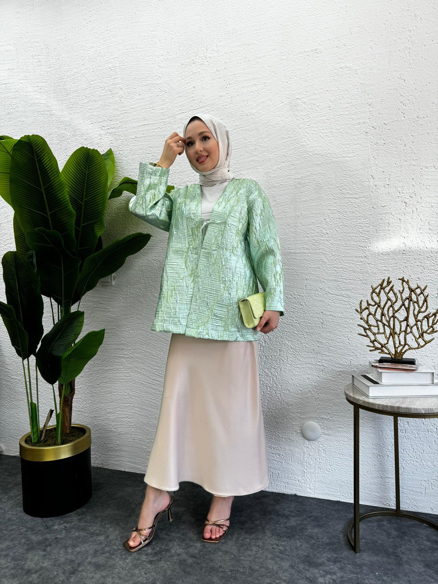 MEYSADESIGN CEKET Önü Fiyonklu Tafta Ceket Rose Su Yeşili