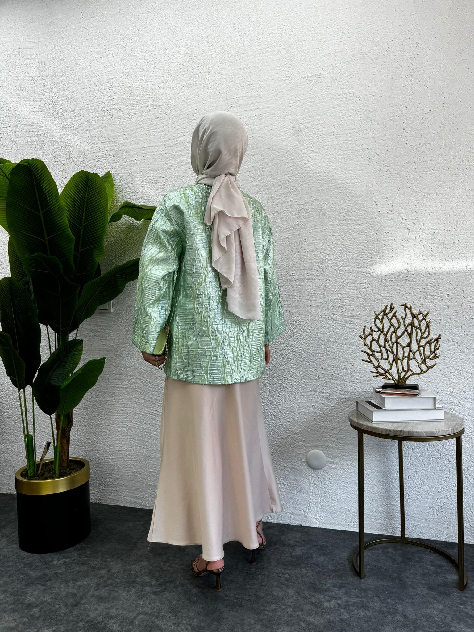 MEYSADESIGN CEKET Önü Fiyonklu Tafta Ceket Rose Su Yeşili